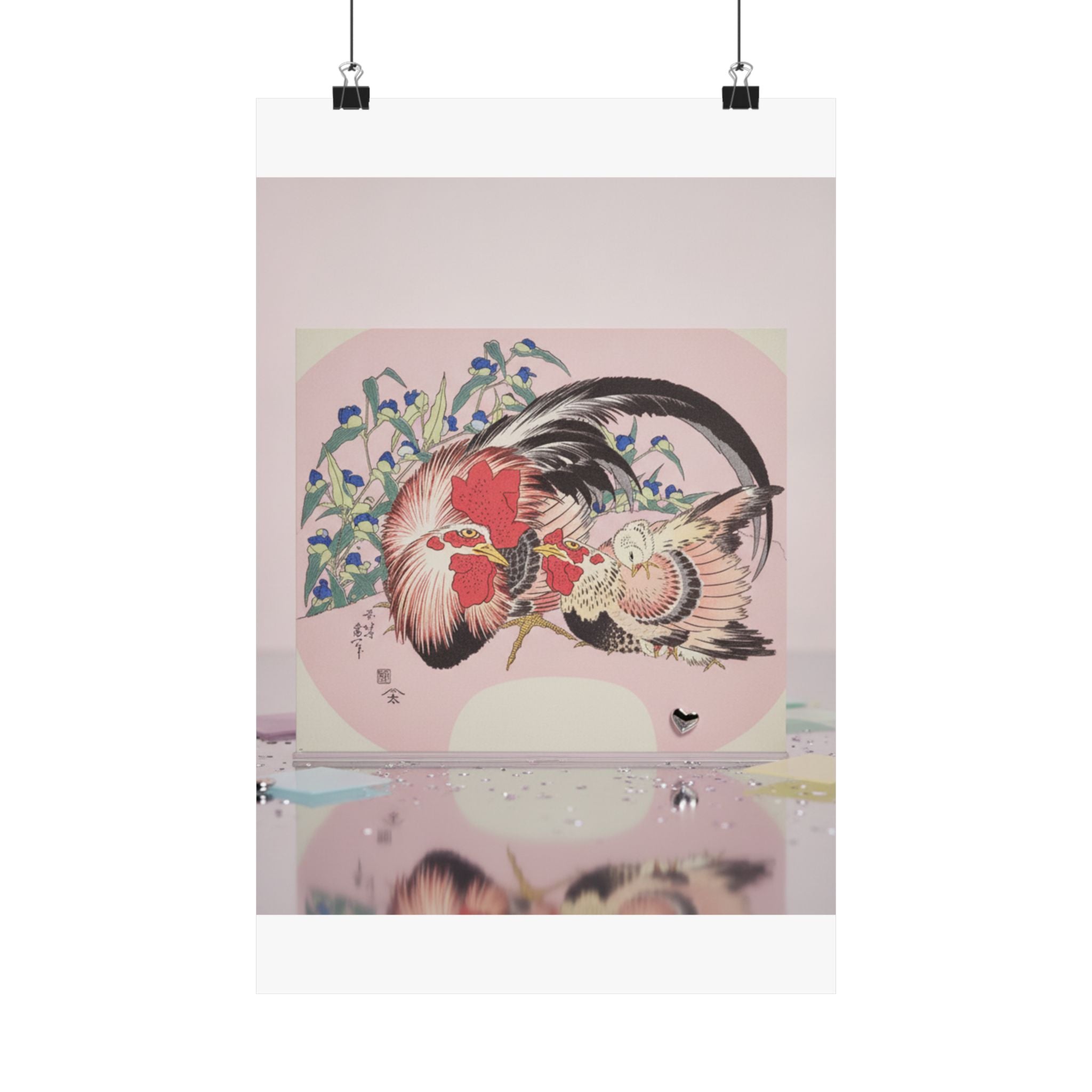 Product Marketing — Rooster, Hen And Chicken With Spiderwort — Matte Poster