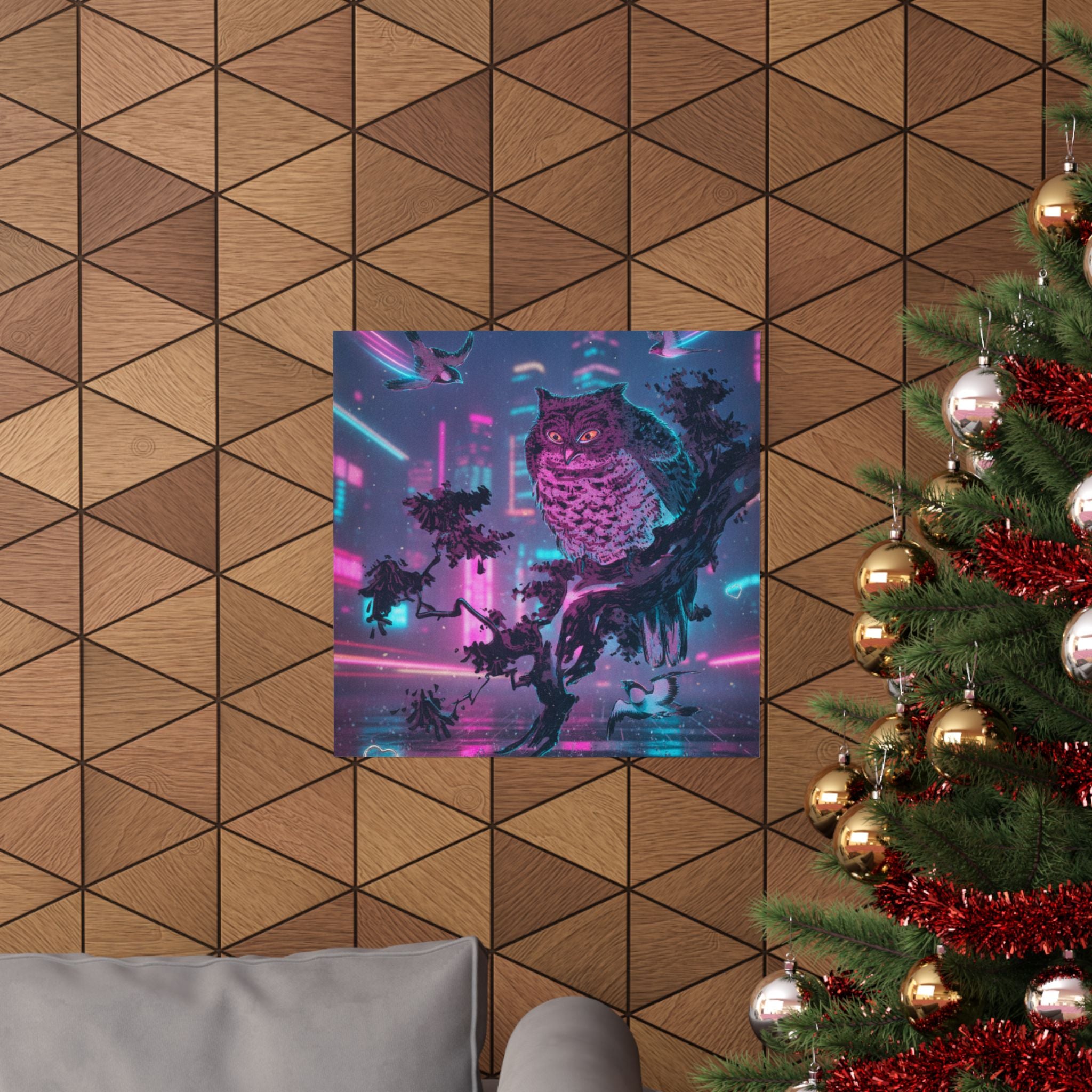 Neon Noir — Owl And Two Swallows — Matte Poster