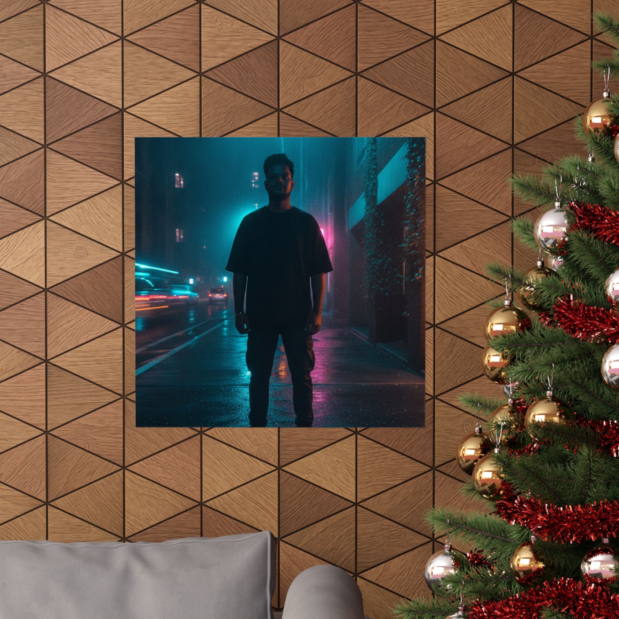 Rainy Neon City Street Silhouette Teal Pink Matte Poster