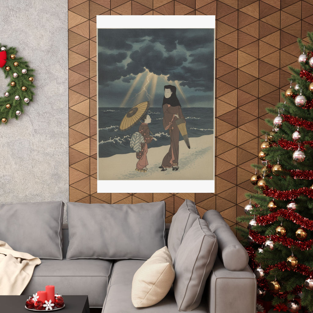 Dramatic Storm — Lady With Black Hood And Umbrella Out Walking With Young Attendant — Matte Poster