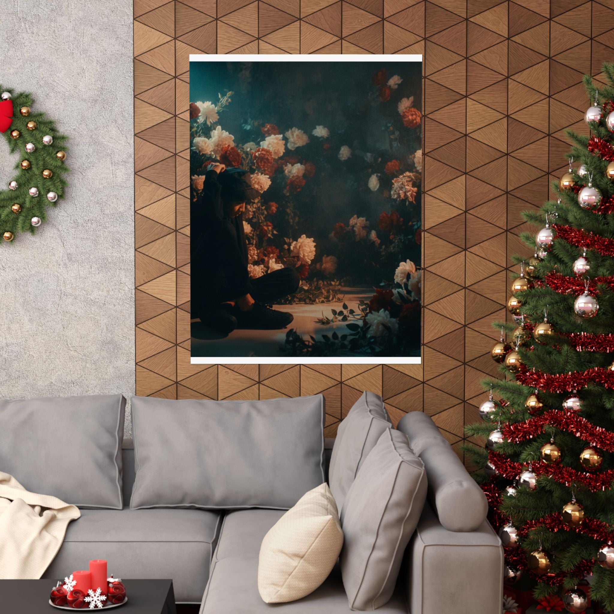 Kneeling Figure in Dark Rose Garden Moody Poster