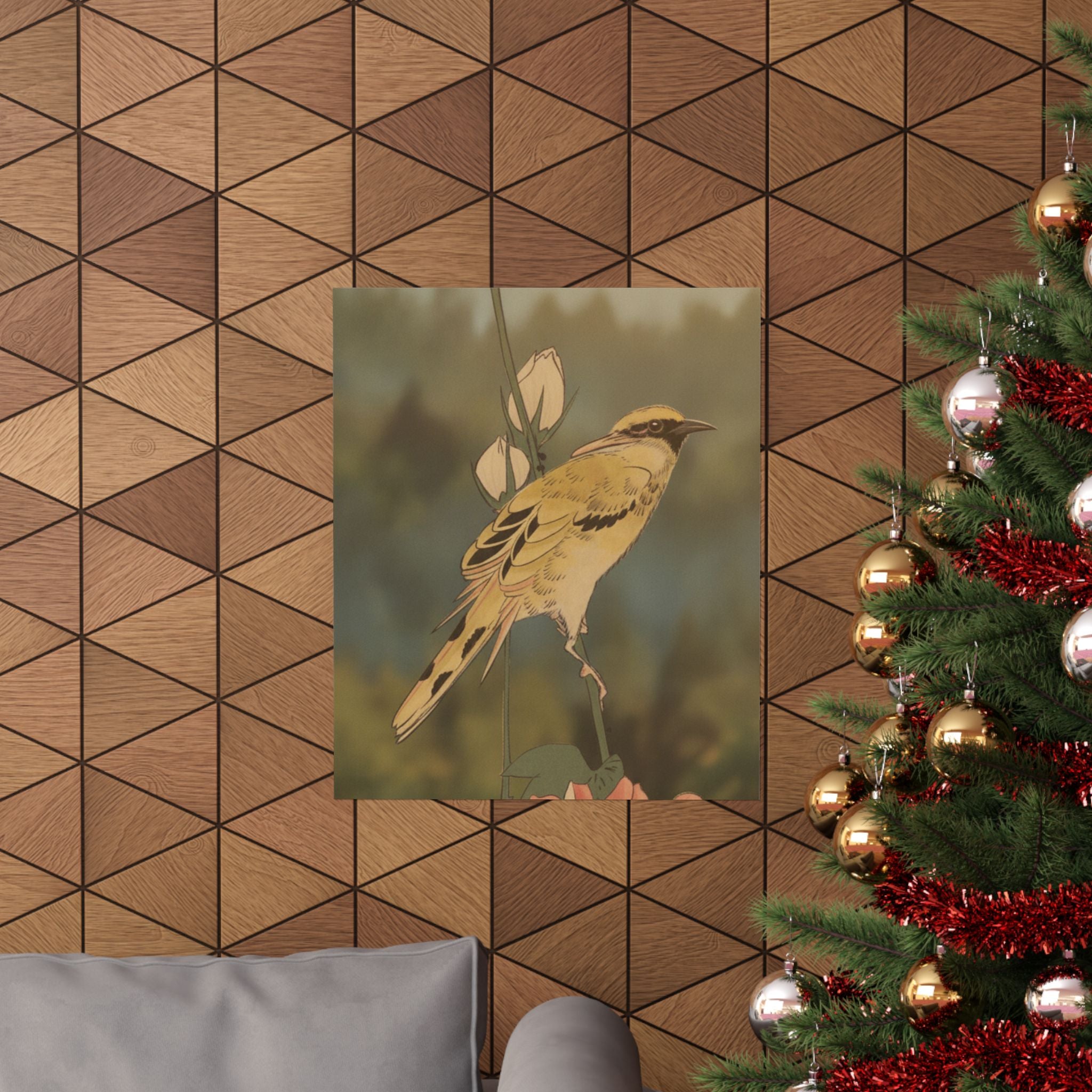 Scenic Nature — Black-Naped Oriole Perched On A Stem Of Rose Mallow — Matte Poster