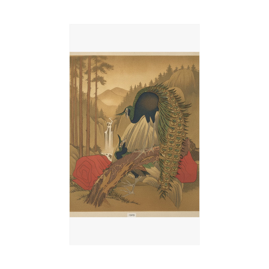 Scenic Nature — Painting Of Peacocks, Pines, A Waterfall, And A Roll Of Red Fabric — Matte Poster