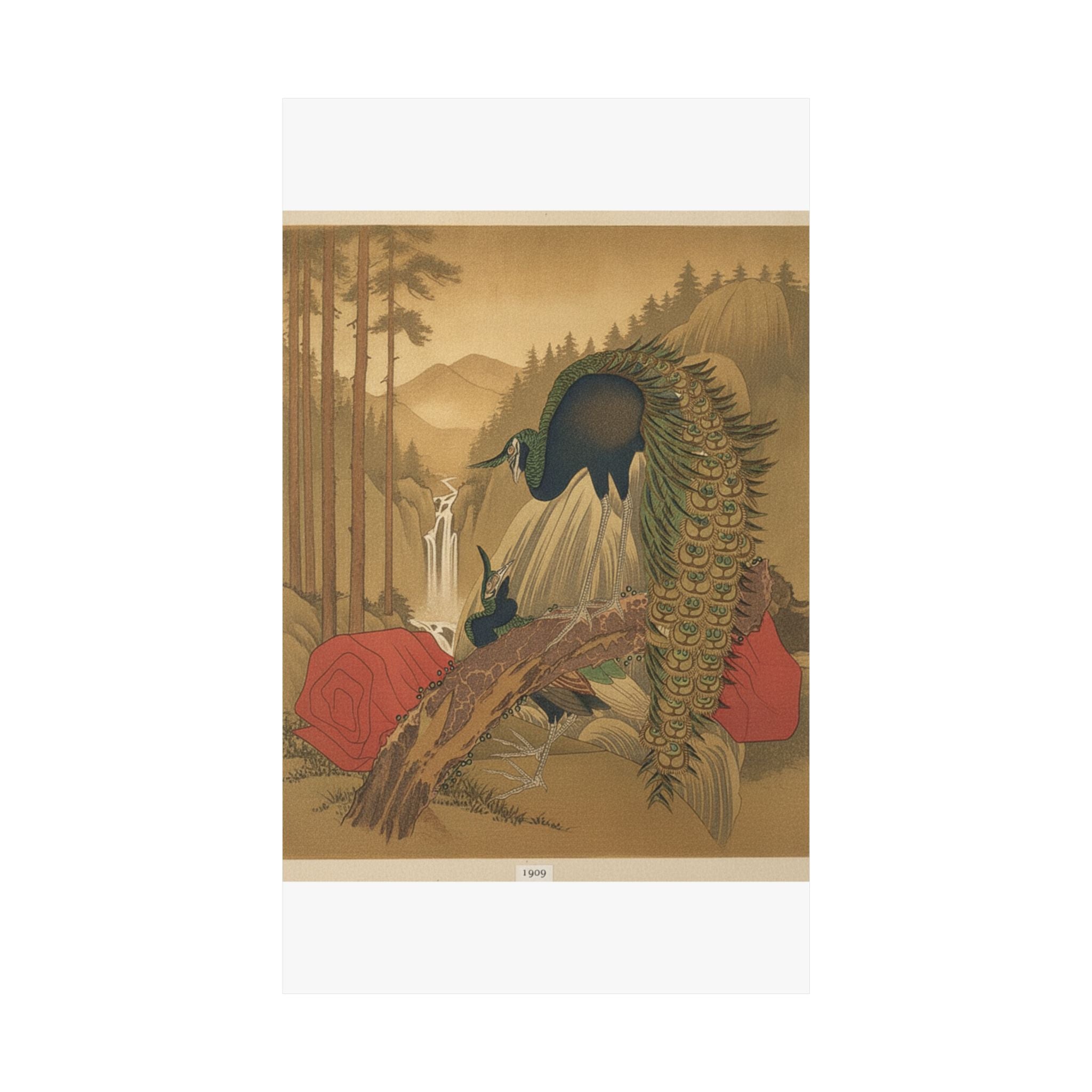 Scenic Nature — Painting Of Peacocks, Pines, A Waterfall, And A Roll Of Red Fabric — Matte Poster