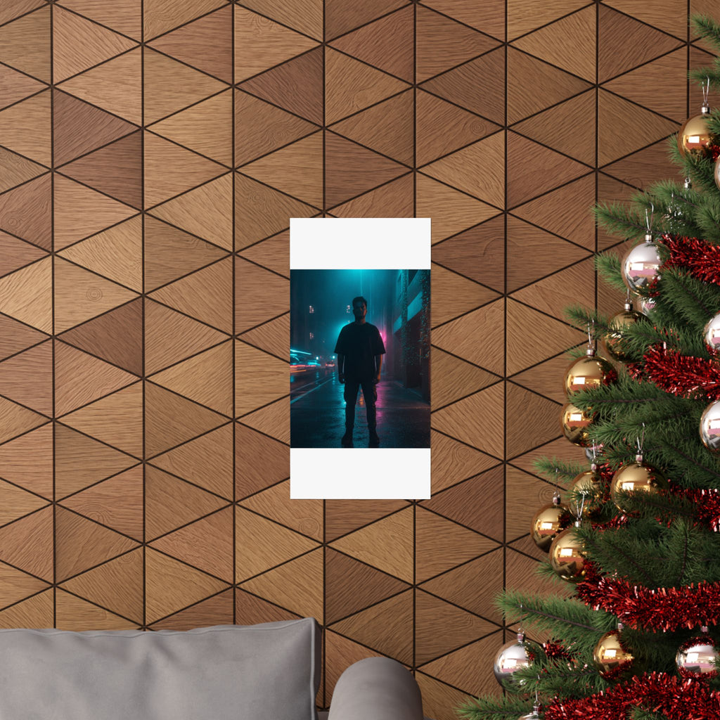 Rainy Neon City Street Silhouette Teal Pink Matte Poster