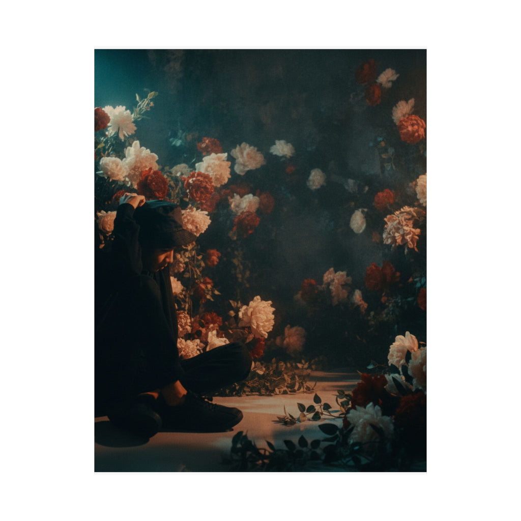 Kneeling Figure in Dark Rose Garden Moody Poster