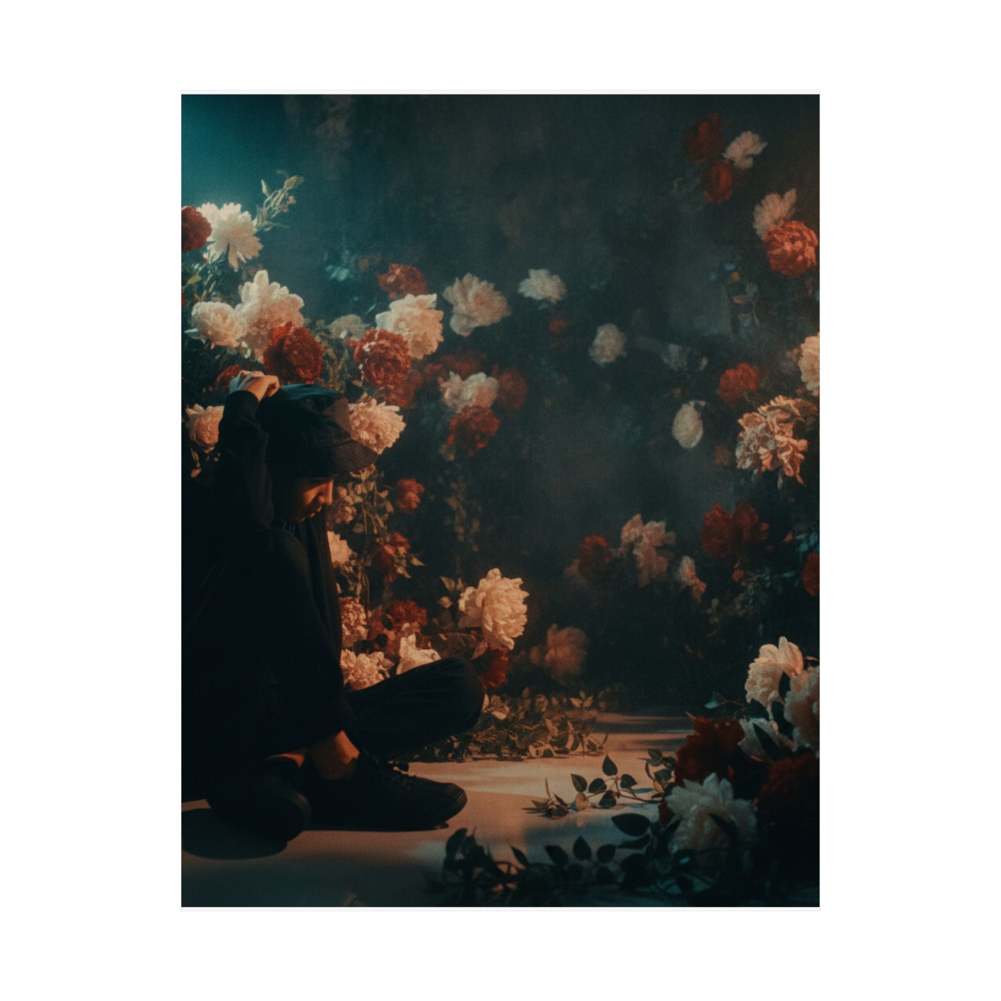 Kneeling Figure in Dark Rose Garden Moody Poster