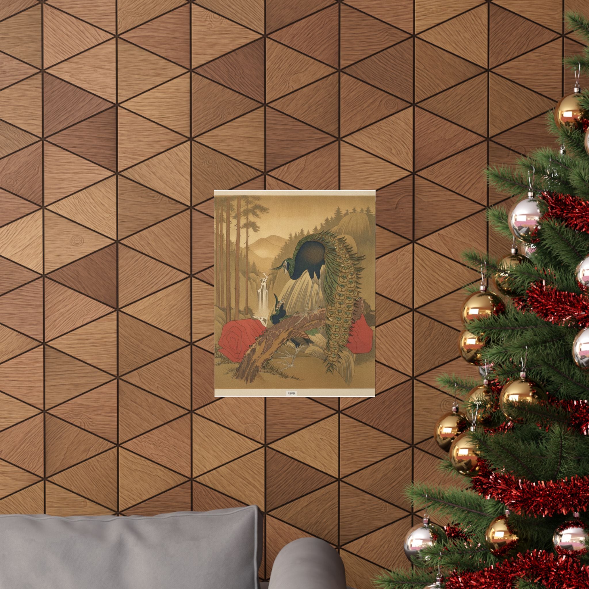 Scenic Nature — Painting Of Peacocks, Pines, A Waterfall, And A Roll Of Red Fabric — Matte Poster