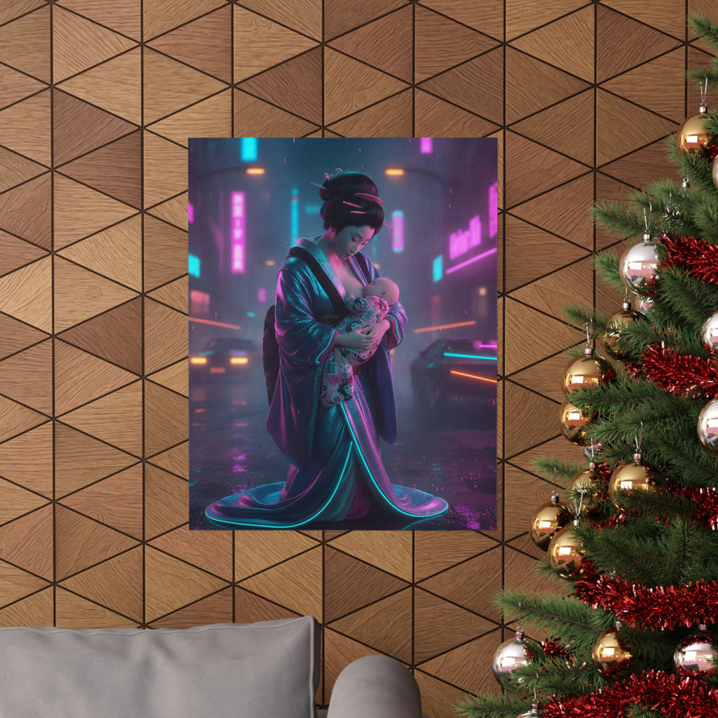 Neon Noir — Young Mother Nursing Her Baby — Matte Poster