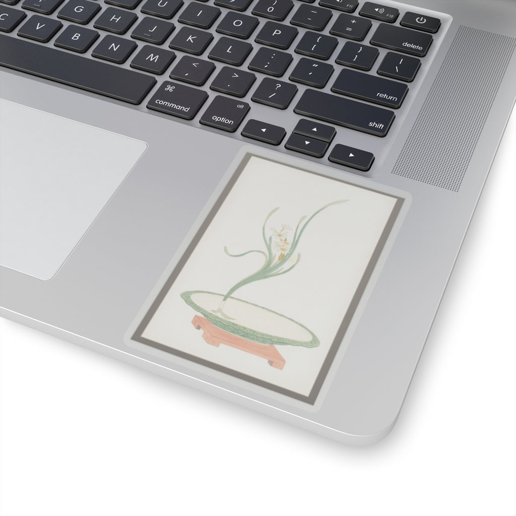 Watercolor — Flower Arrangement Of Suisen (Narcissus) In A Flat Green Dish — Kiss-Cut Sticker