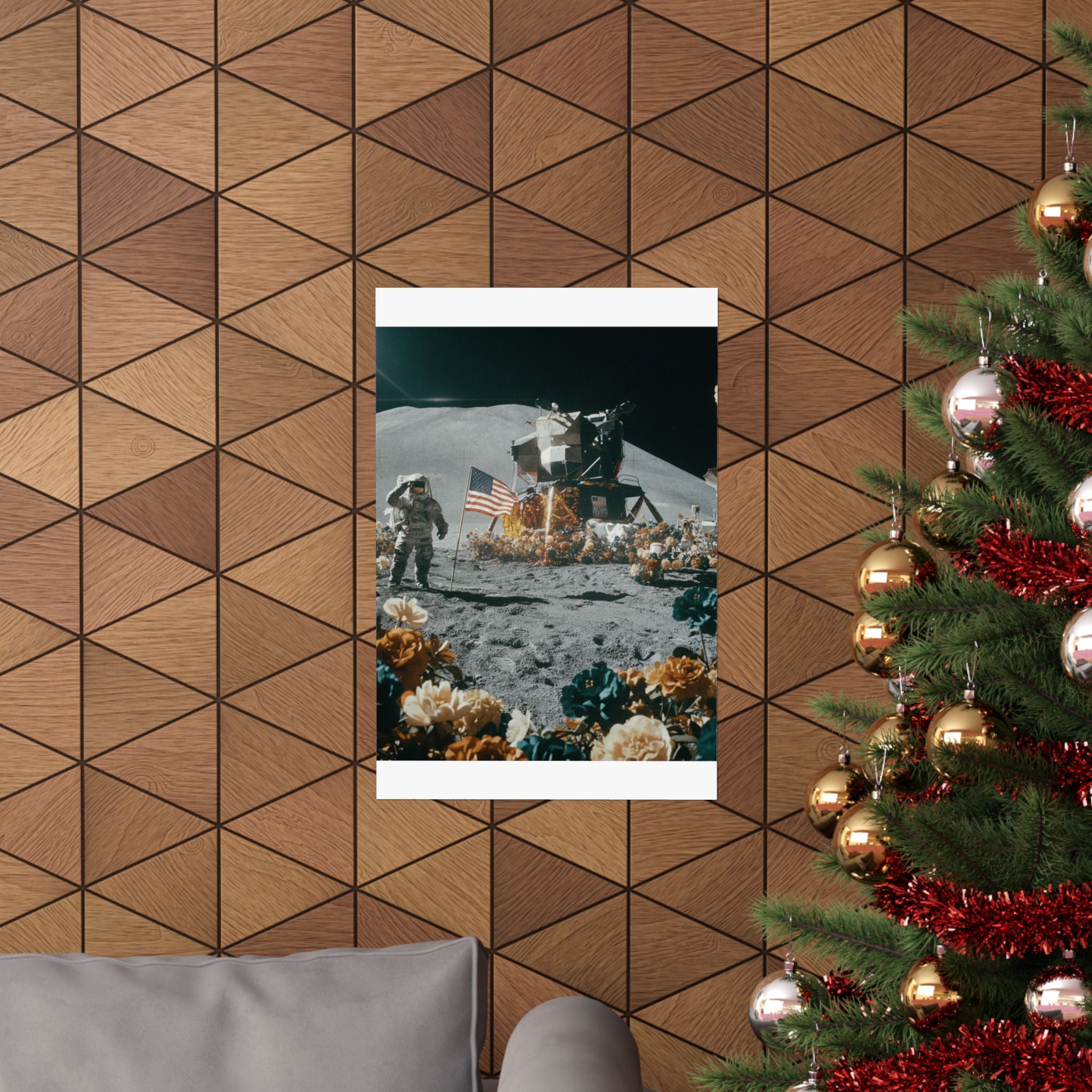 Astronaut Moon Landing in Bloom Surreal Space Poster