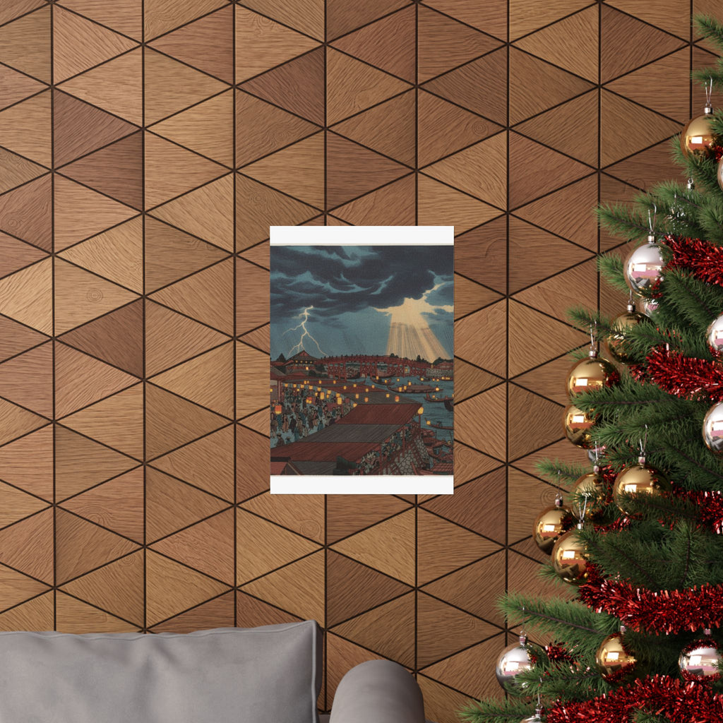 Dramatic Storm — Landscape; Showing Water Festival With Lanterns — Matte Poster