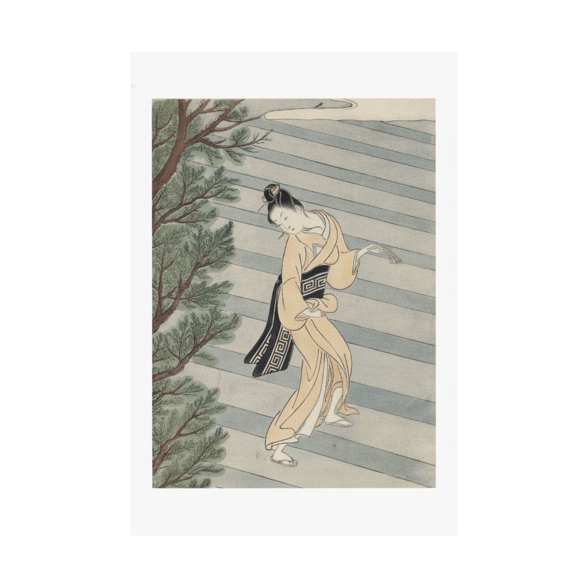 Watercolor — Young Woman Climbing Stone Stairs To A Shinto Temple — Matte Poster