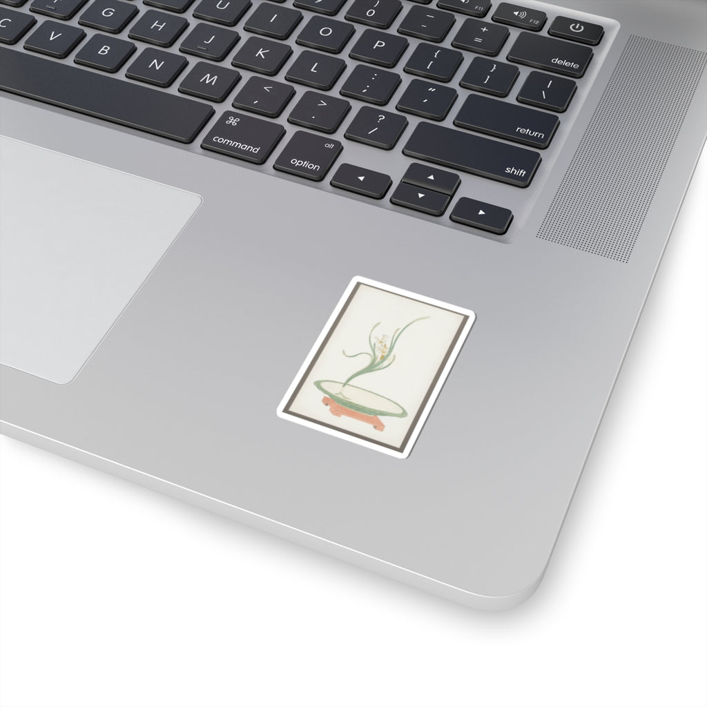 Watercolor — Flower Arrangement Of Suisen (Narcissus) In A Flat Green Dish — Kiss-Cut Sticker