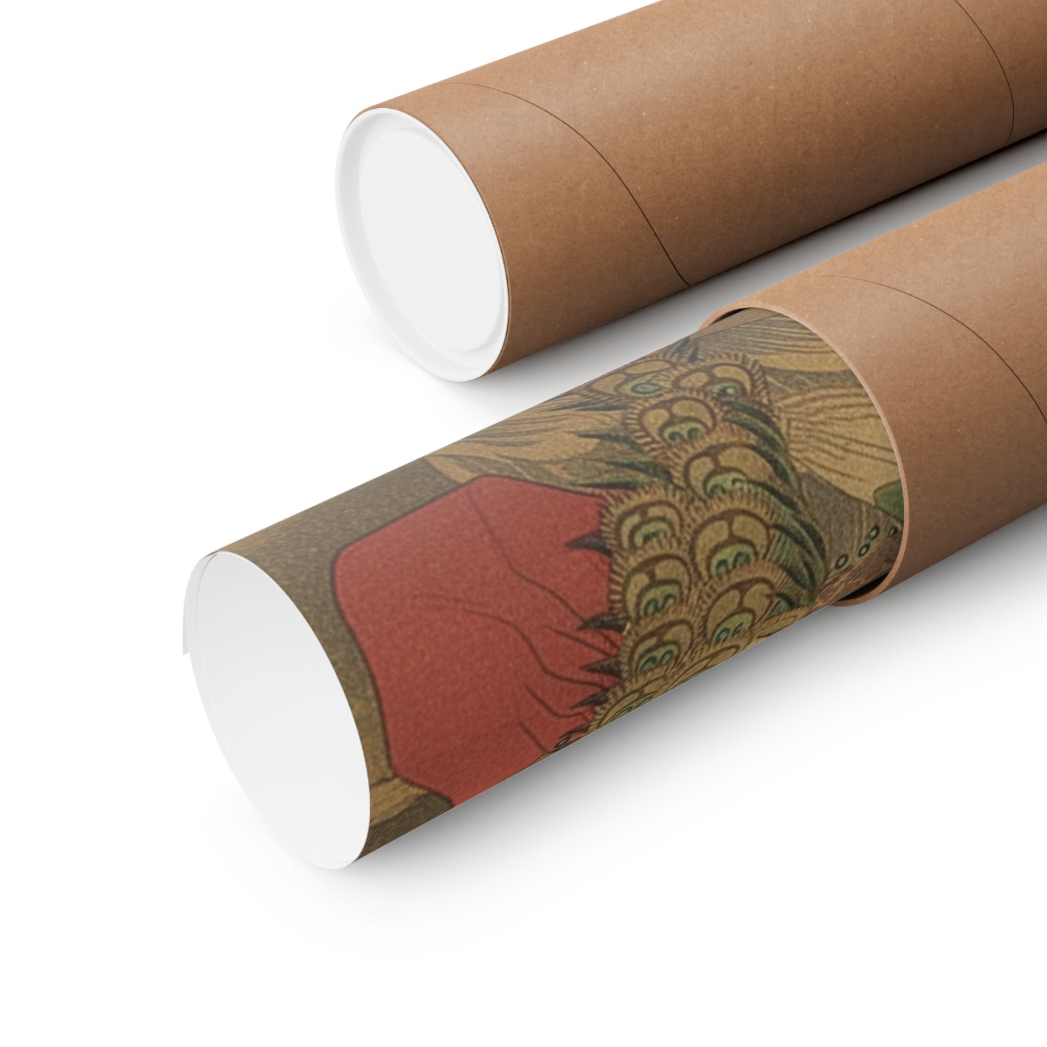 Scenic Nature — Painting Of Peacocks, Pines, A Waterfall, And A Roll Of Red Fabric — Matte Poster