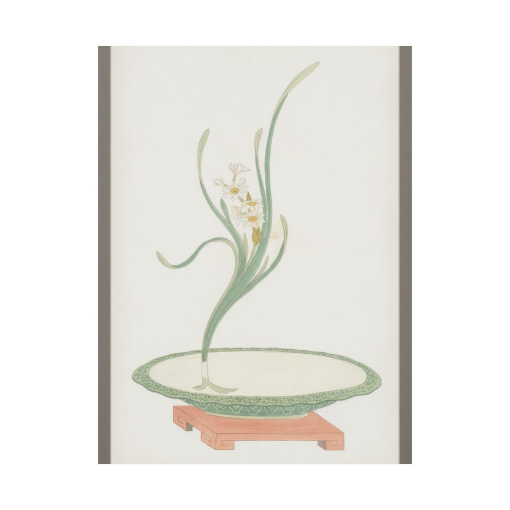 Watercolor — Flower Arrangement Of Suisen (Narcissus) In A Flat Green Dish — Matte Poster