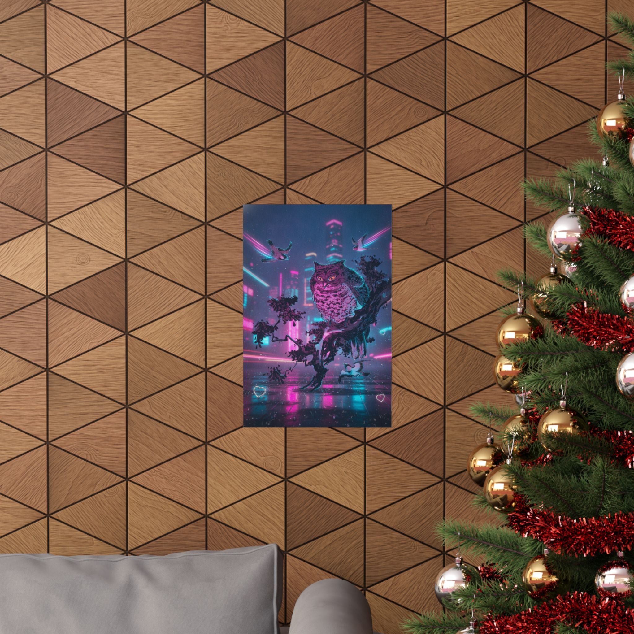 Neon Noir — Owl And Two Swallows — Matte Poster