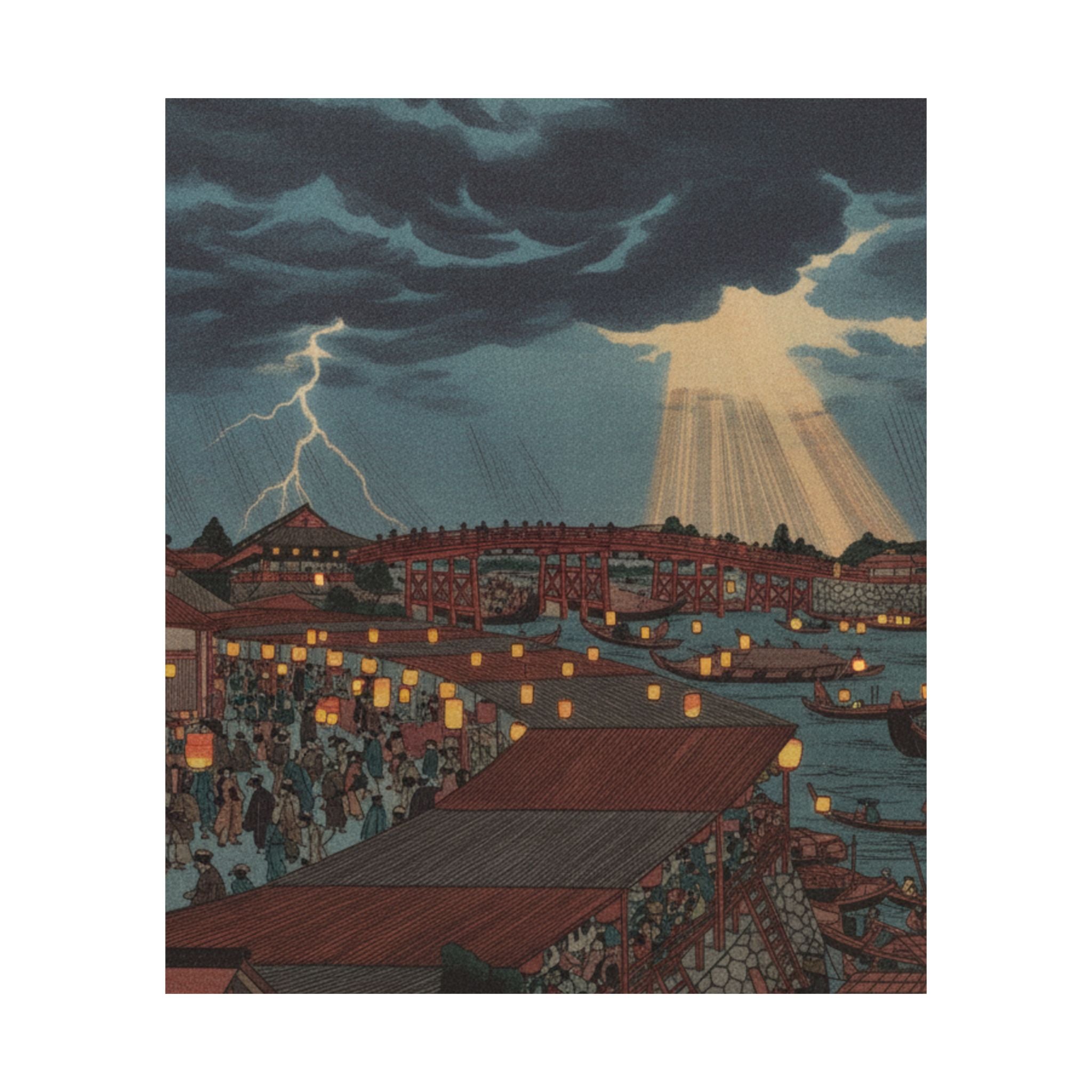 Dramatic Storm — Landscape; Showing Water Festival With Lanterns — Matte Poster