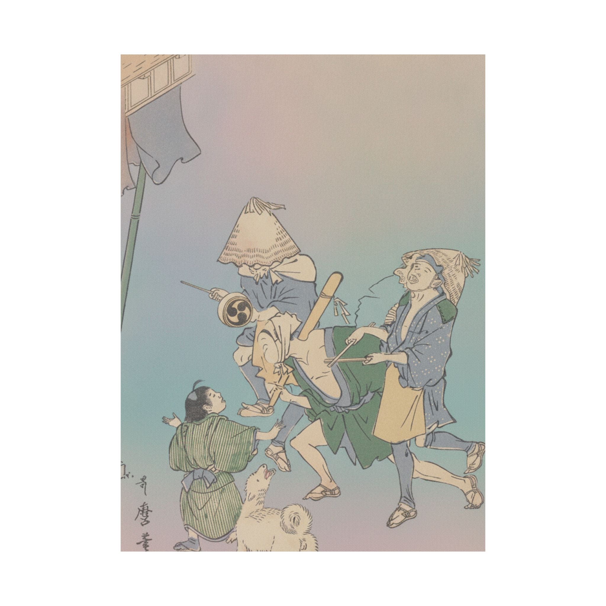 Affirmation — Three Revelers Of The Lower Classes, Wearing Komuso Hats, With Small Boy And Dog — Matte Poster