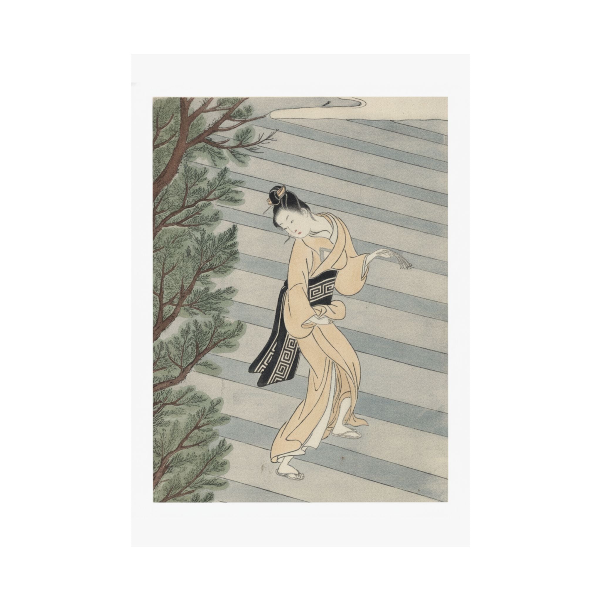 Watercolor — Young Woman Climbing Stone Stairs To A Shinto Temple — Matte Poster