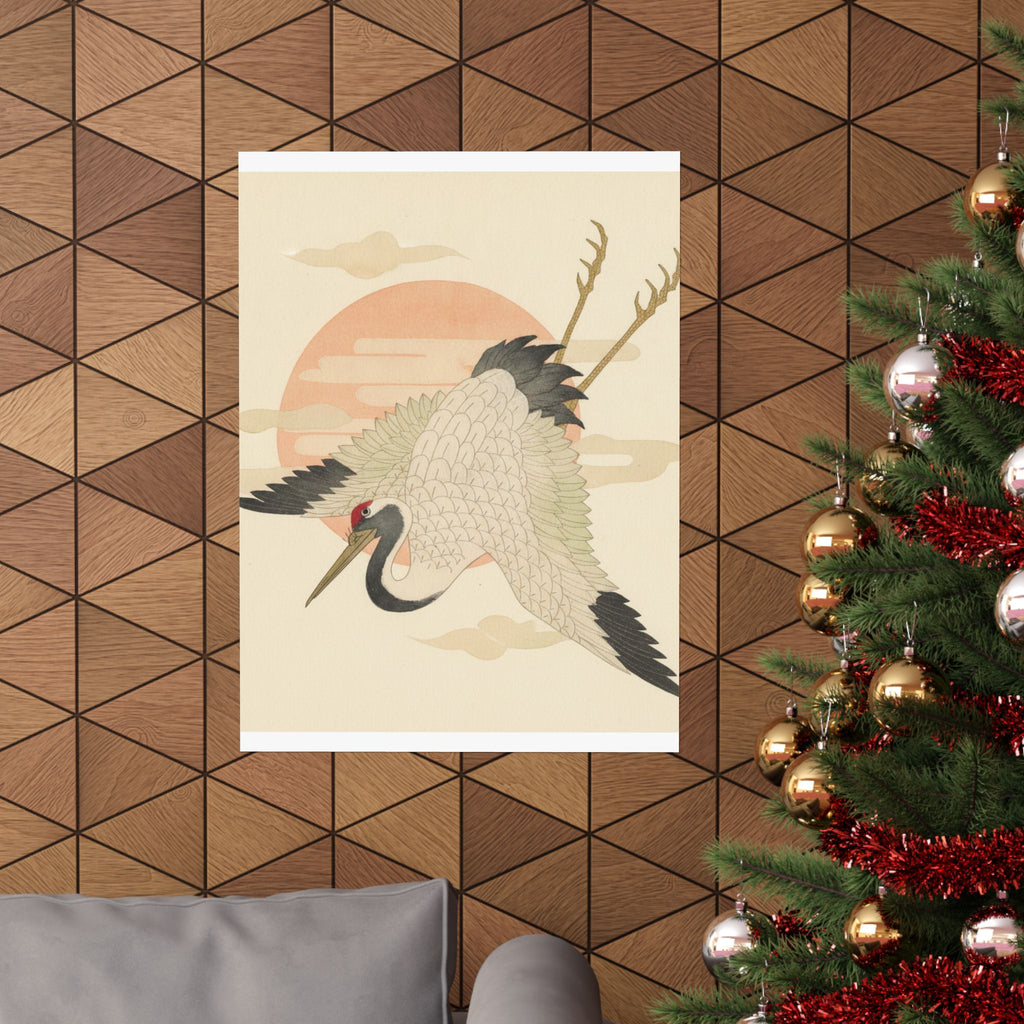 Botanical — White Crane Flying Across The Sun'S Disc — Matte Poster