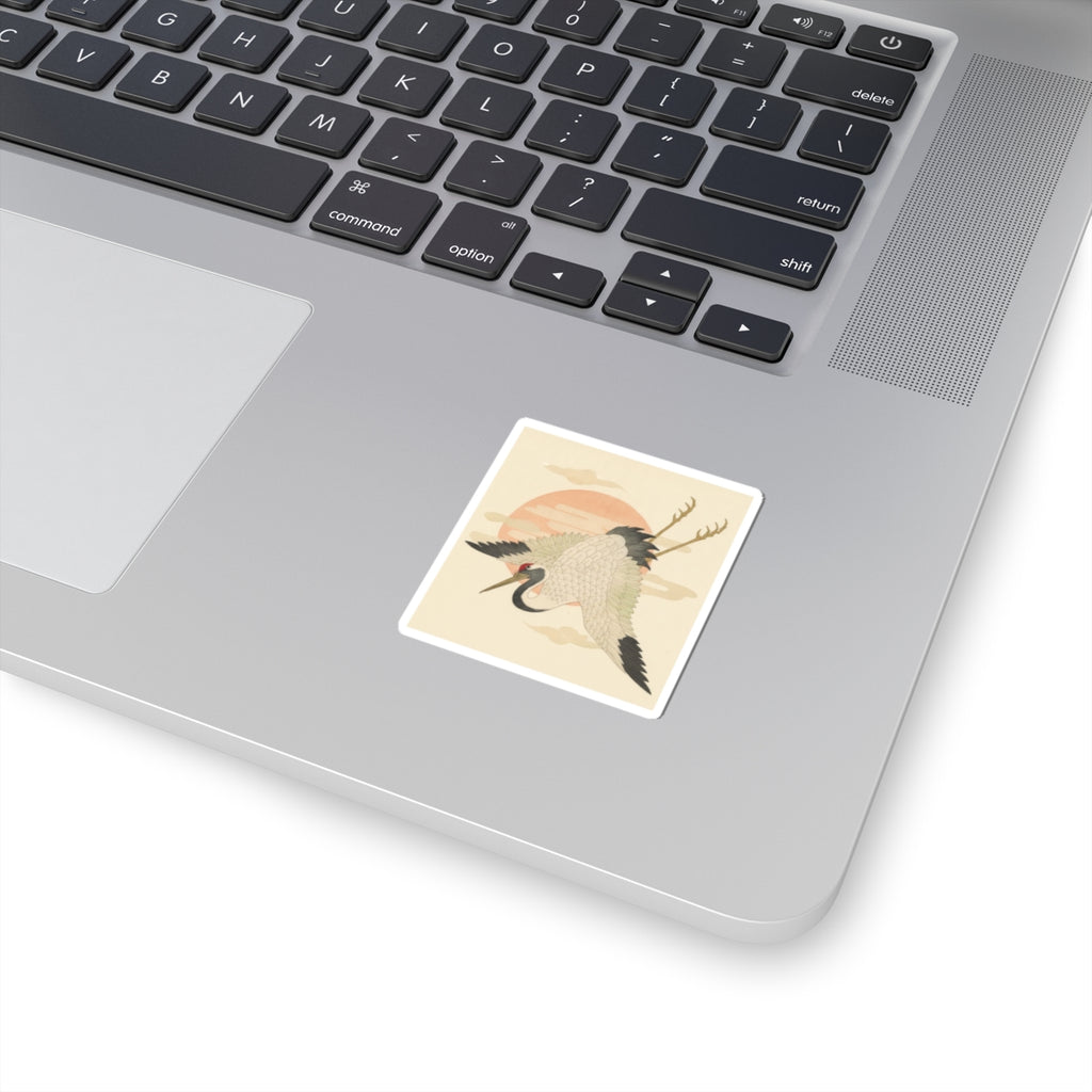 Botanical — White Crane Flying Across The Sun'S Disc — Kiss-Cut Sticker