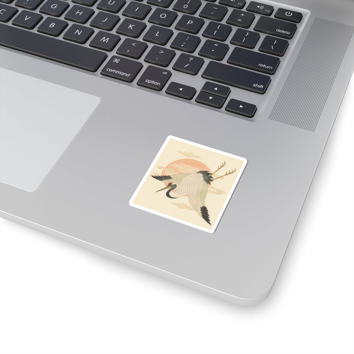 Botanical — White Crane Flying Across The Sun'S Disc — Kiss-Cut Sticker