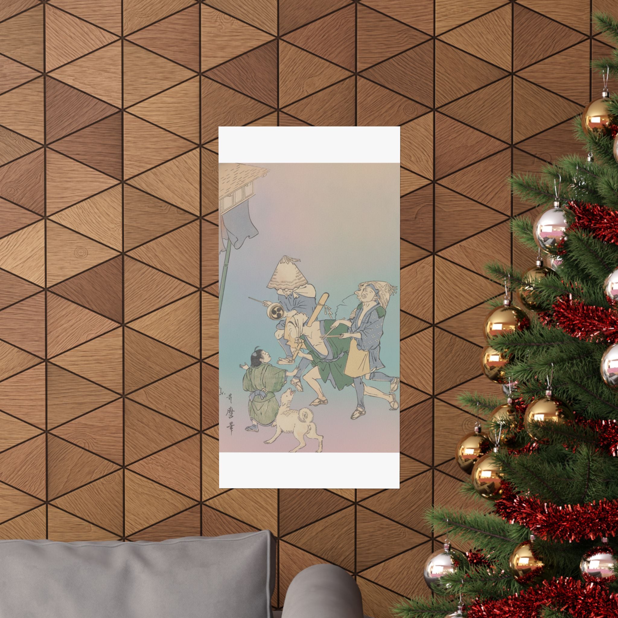 Affirmation — Three Revelers Of The Lower Classes, Wearing Komuso Hats, With Small Boy And Dog — Matte Poster