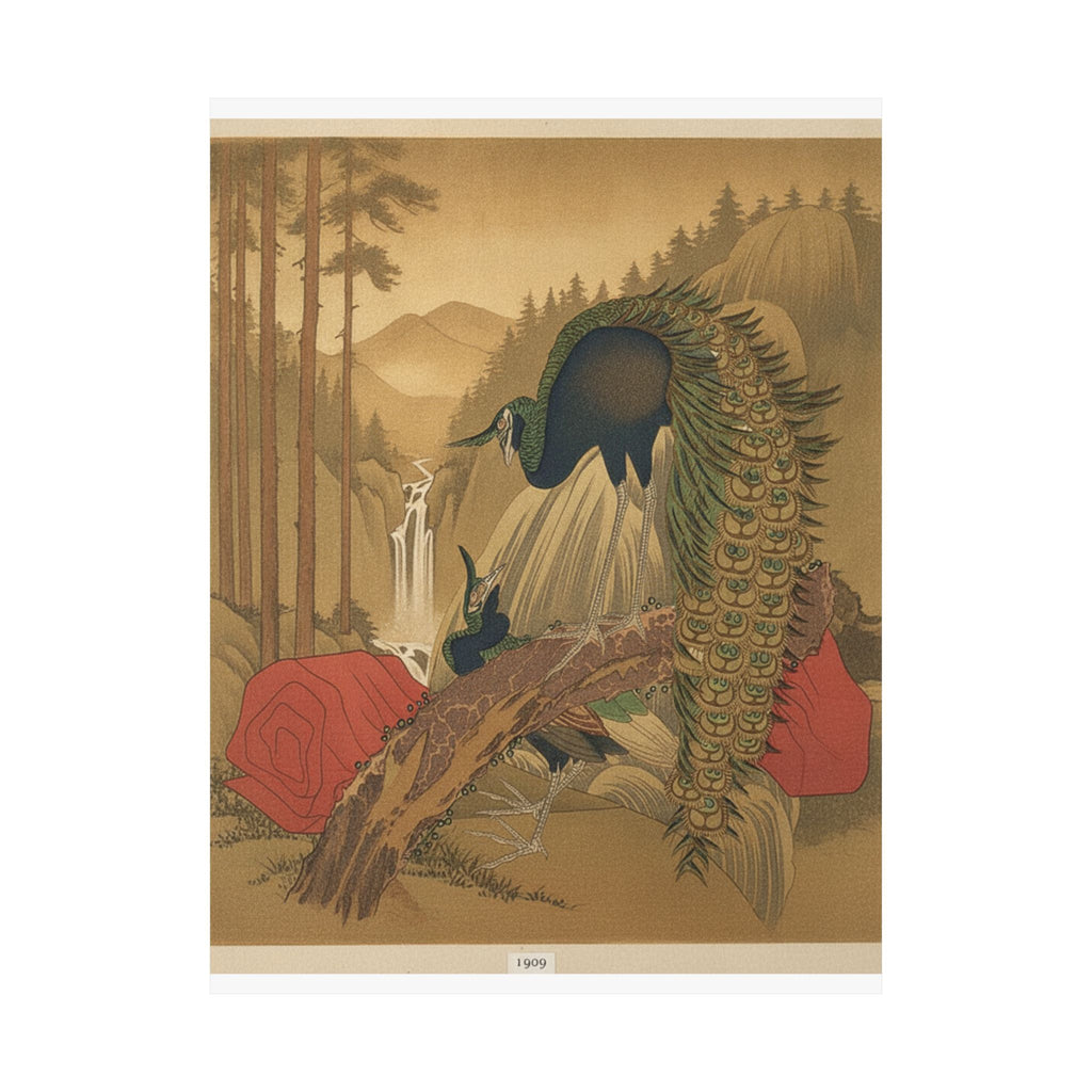Scenic Nature — Painting Of Peacocks, Pines, A Waterfall, And A Roll Of Red Fabric — Matte Poster