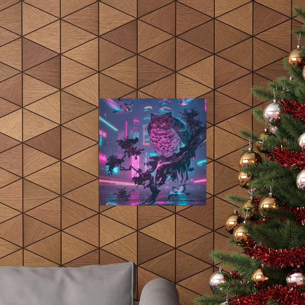 Neon Noir — Owl And Two Swallows — Matte Poster