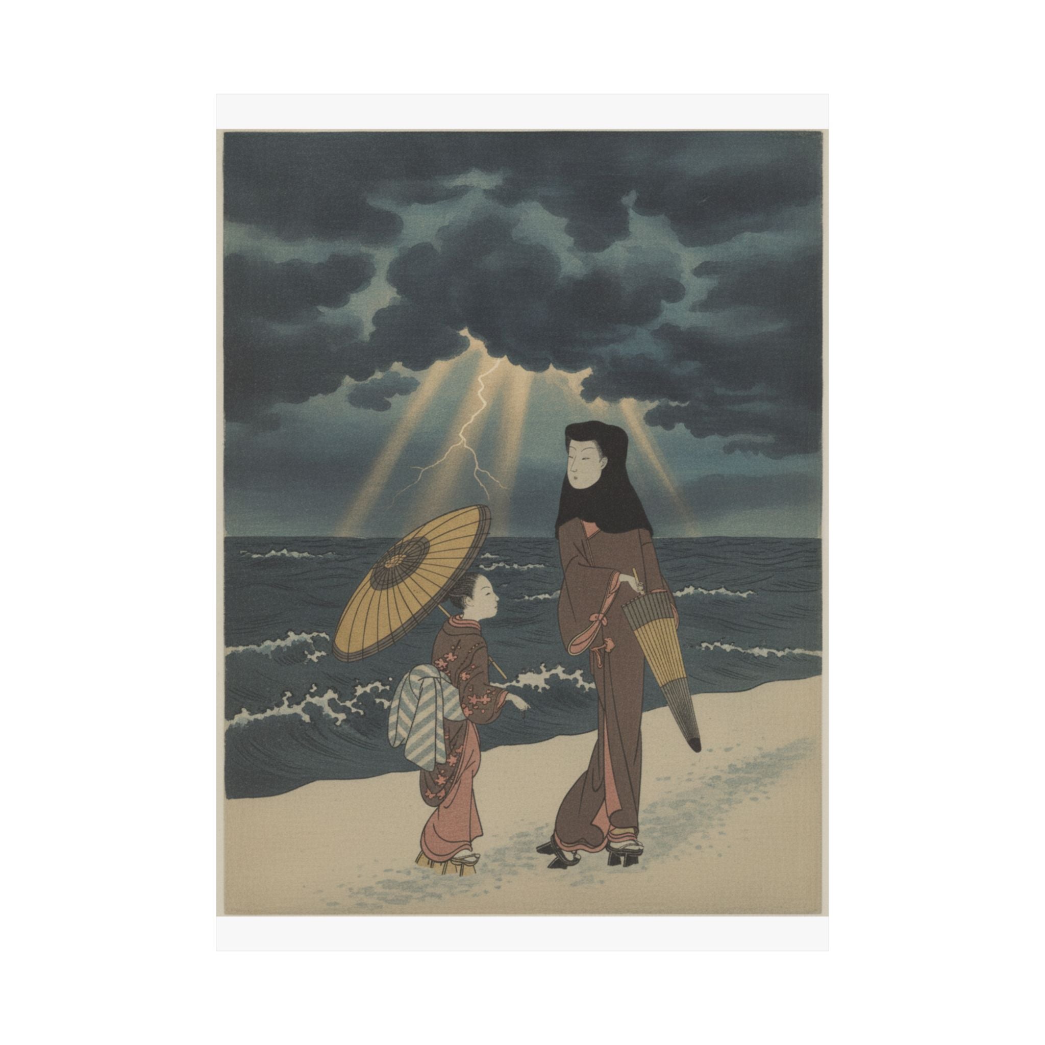Dramatic Storm — Lady With Black Hood And Umbrella Out Walking With Young Attendant — Matte Poster