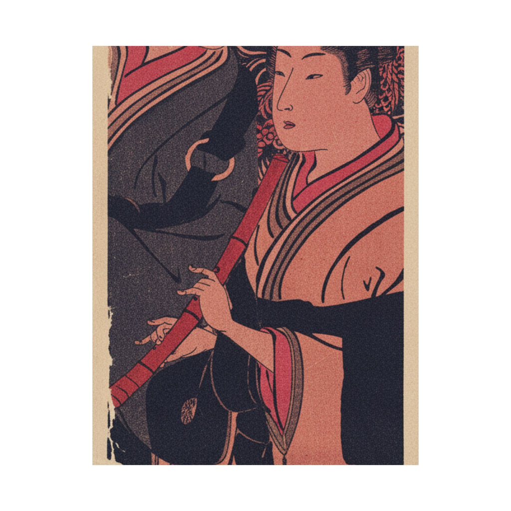 Japanese Street — Two Men, One Playing A Flute — Matte Poster