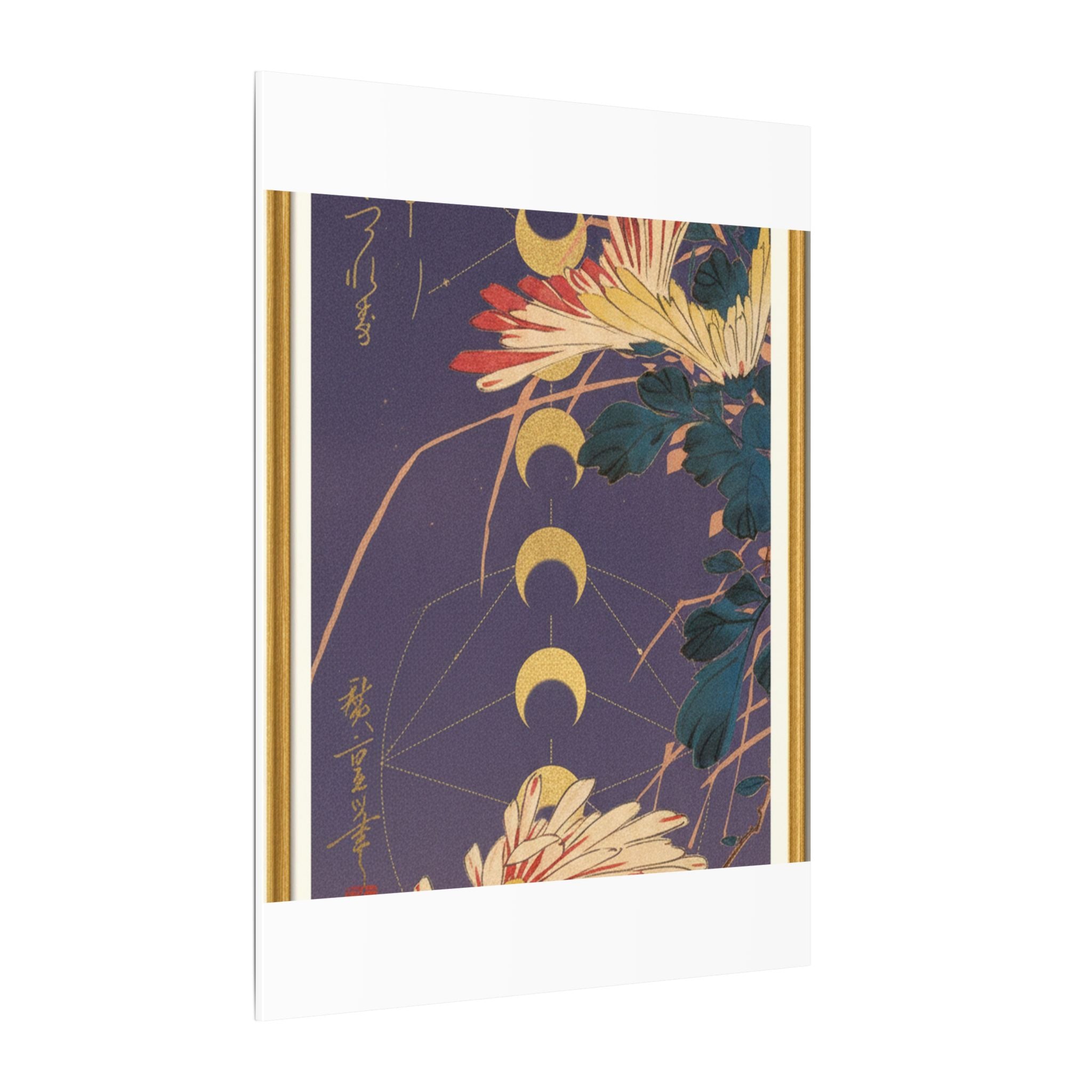 Chrysanthemum and Gold Moon Phases Woodblock Matte Canvas