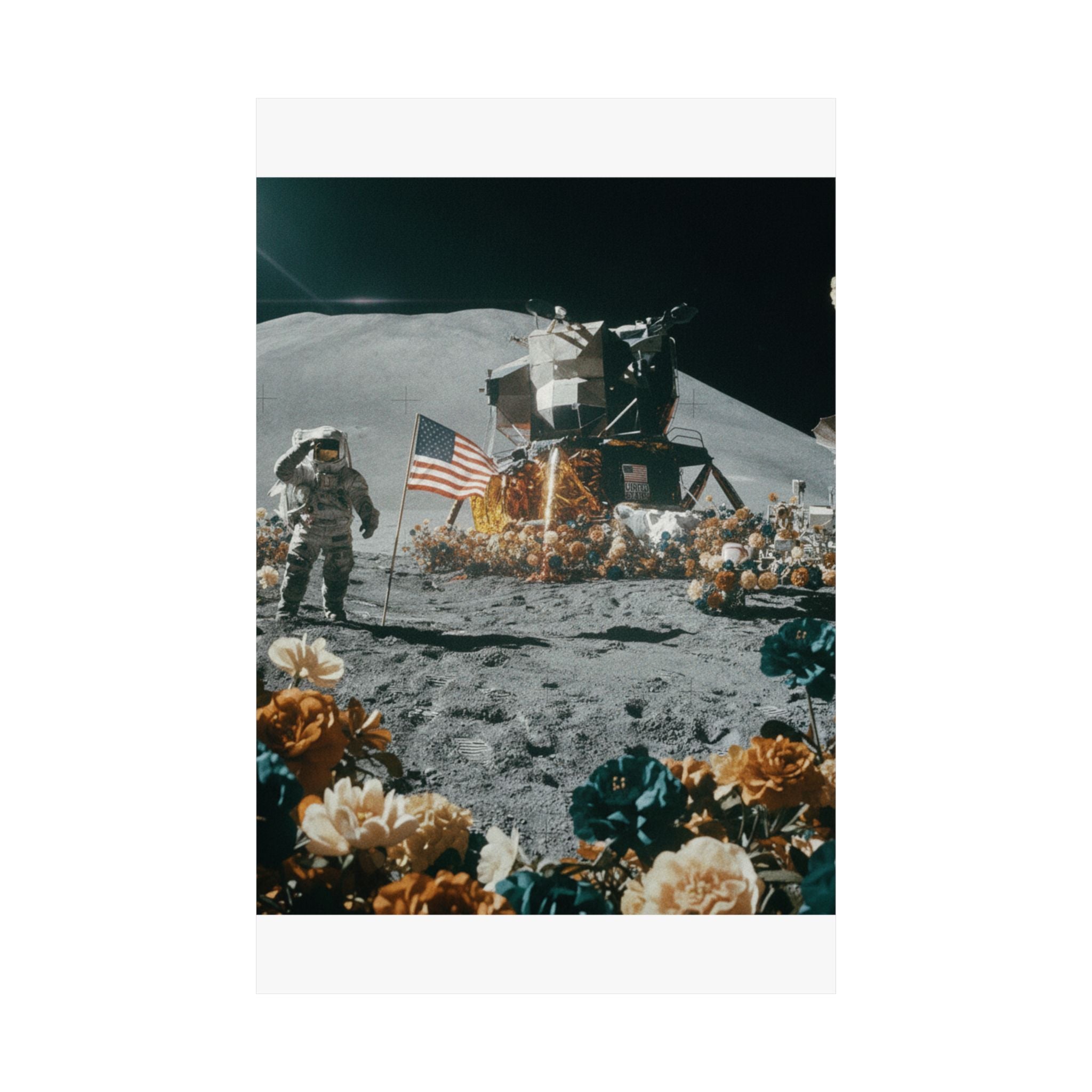 Astronaut Moon Landing in Bloom Surreal Space Poster