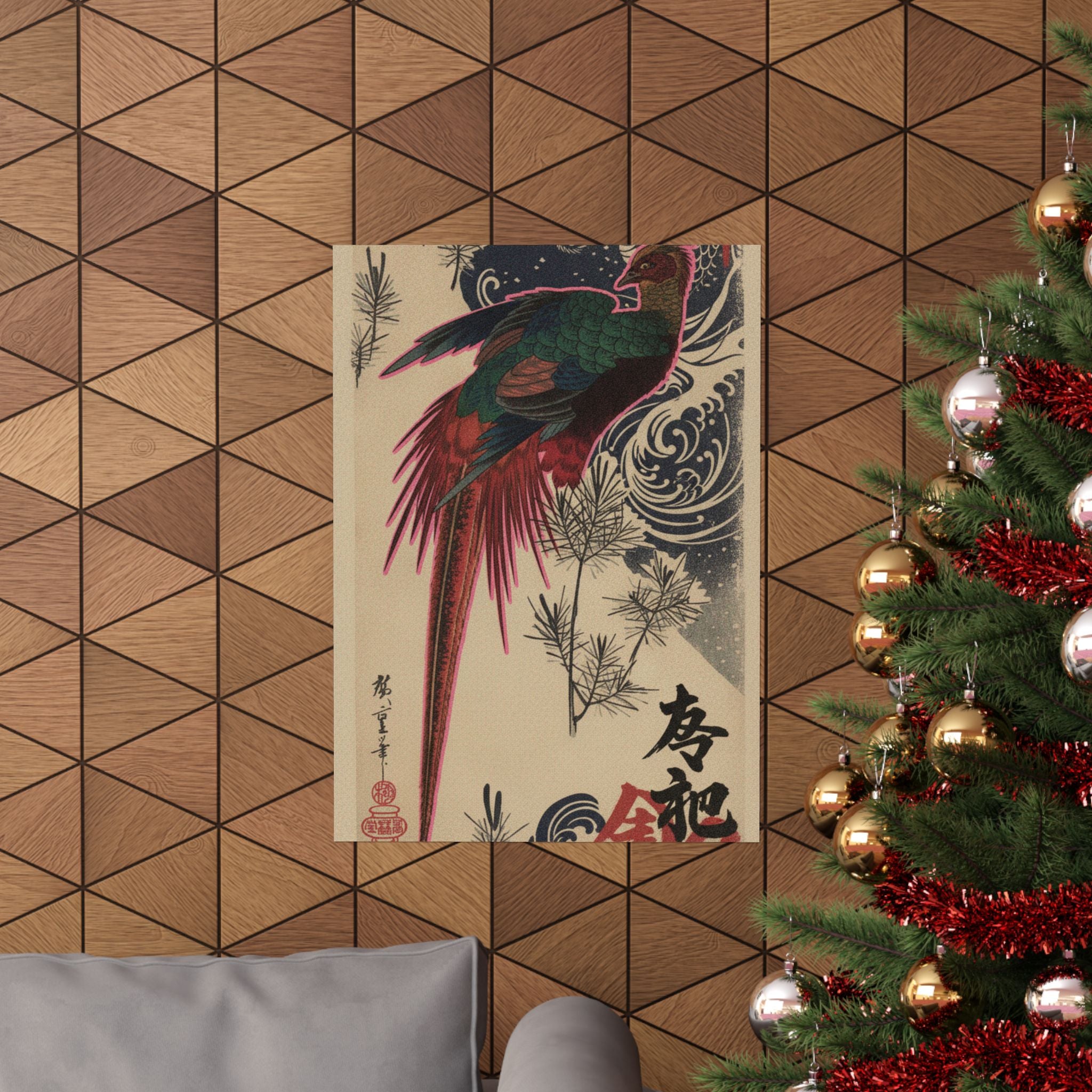 Japanese Street — Golden Pheasant And Pine Shoots In Snow — Matte Poster