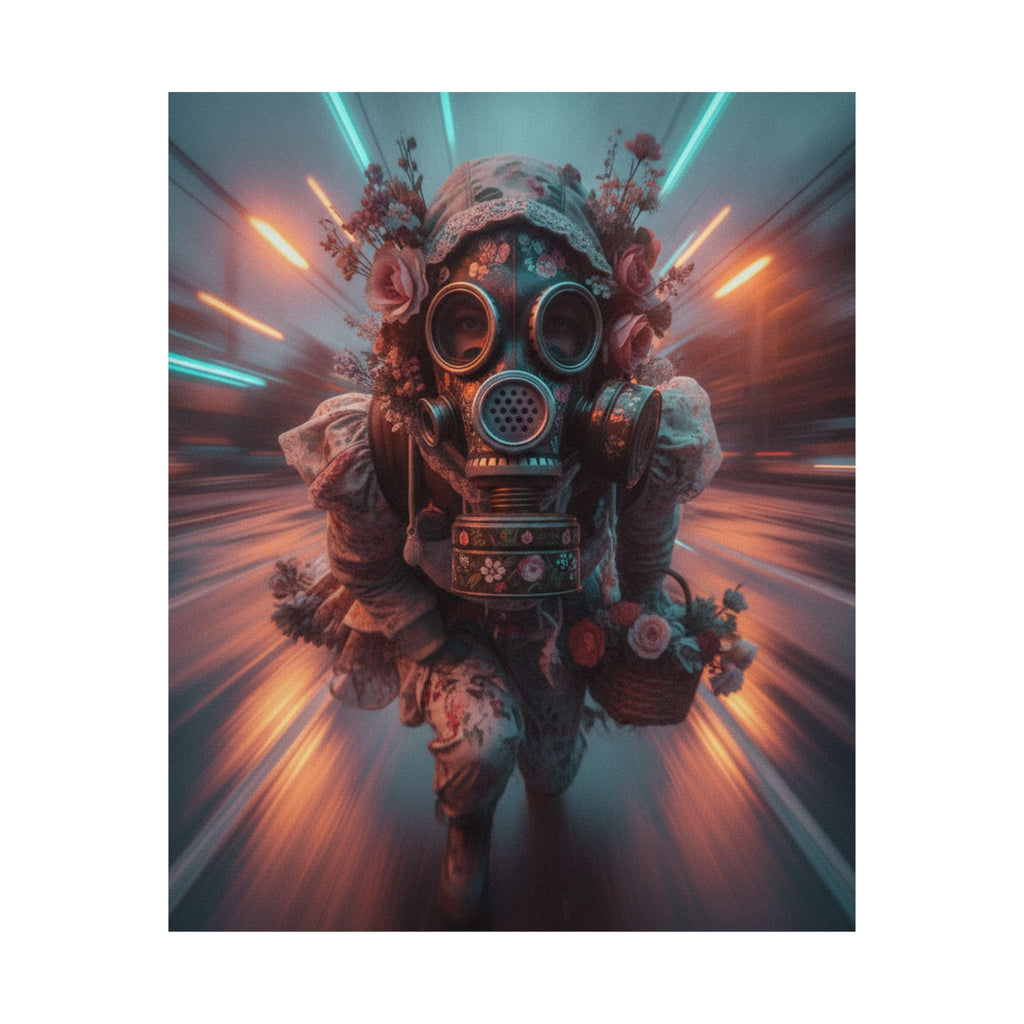 Neon Tunnel Rose Gas Mask Post-Apocalyptic Poster