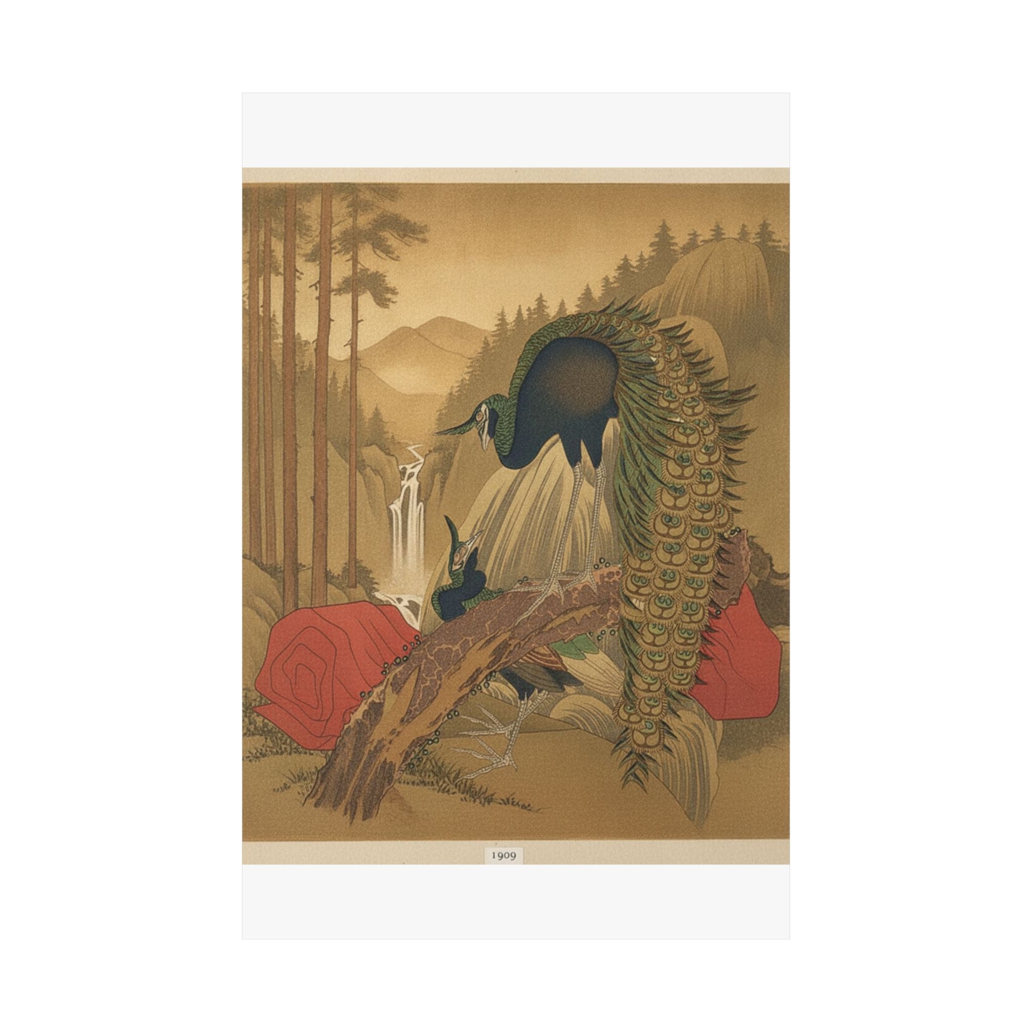 Scenic Nature — Painting Of Peacocks, Pines, A Waterfall, And A Roll Of Red Fabric — Matte Poster