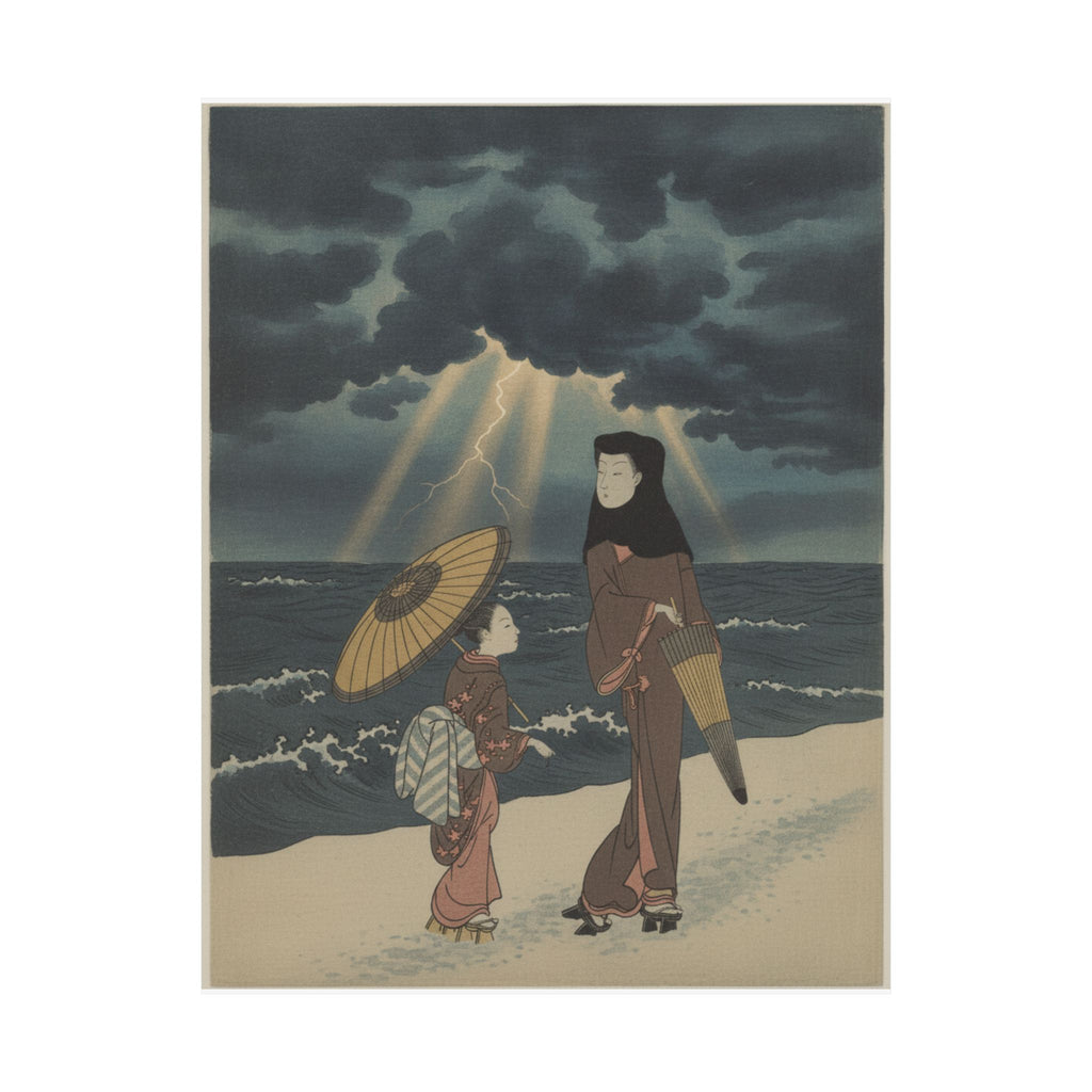 Dramatic Storm — Lady With Black Hood And Umbrella Out Walking With Young Attendant — Matte Poster