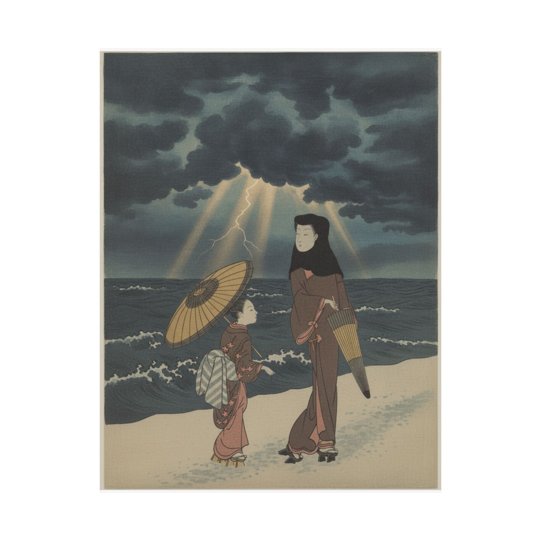 Dramatic Storm — Lady With Black Hood And Umbrella Out Walking With Young Attendant — Matte Poster
