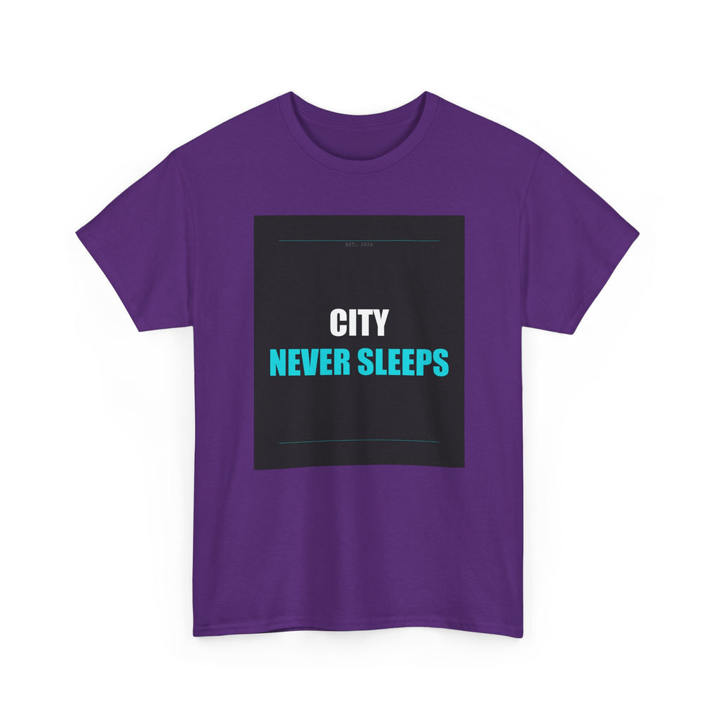 CITY NEVER SLEEPS Cyan Type on Charcoal Graphic Tee