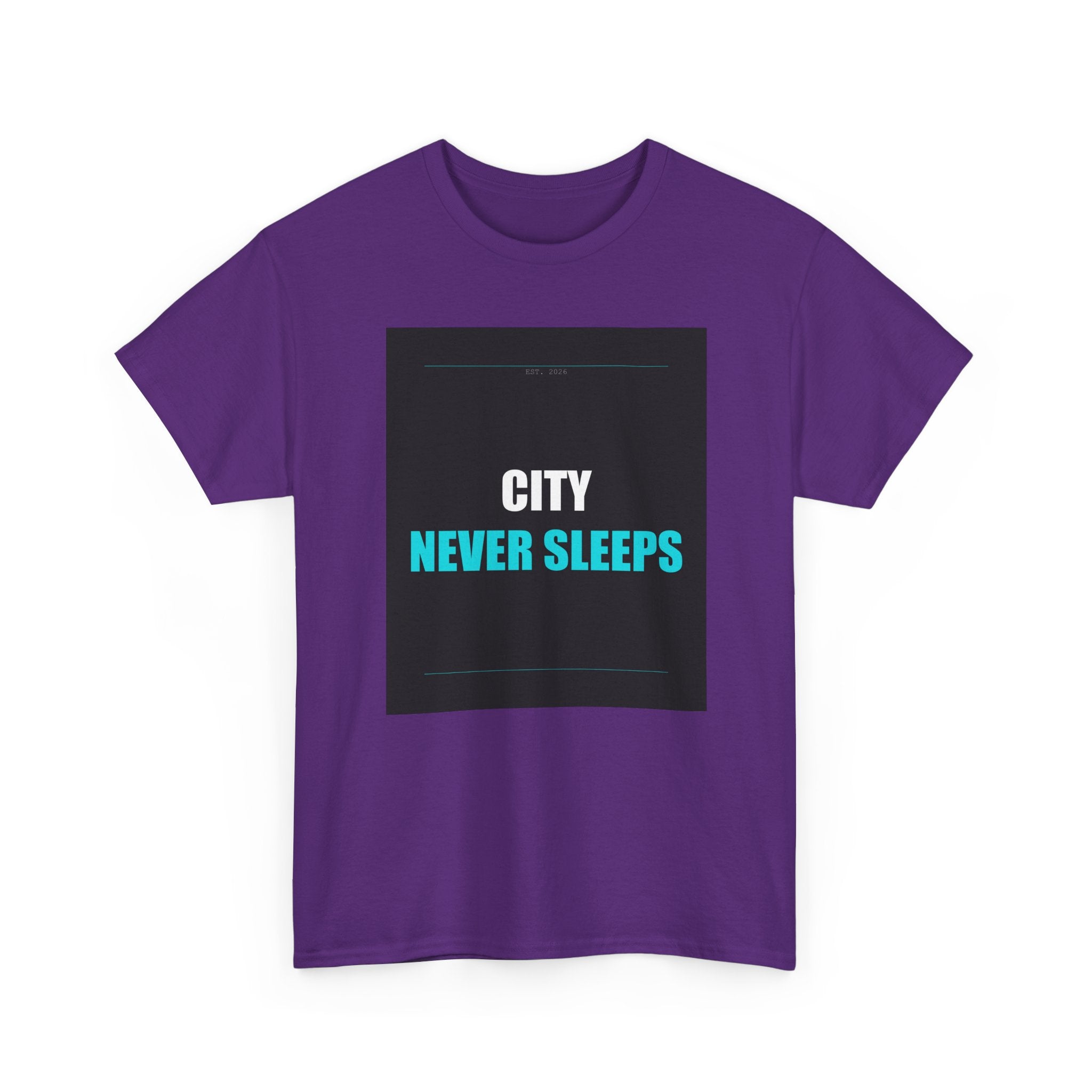 CITY NEVER SLEEPS Cyan Type on Charcoal Graphic Tee