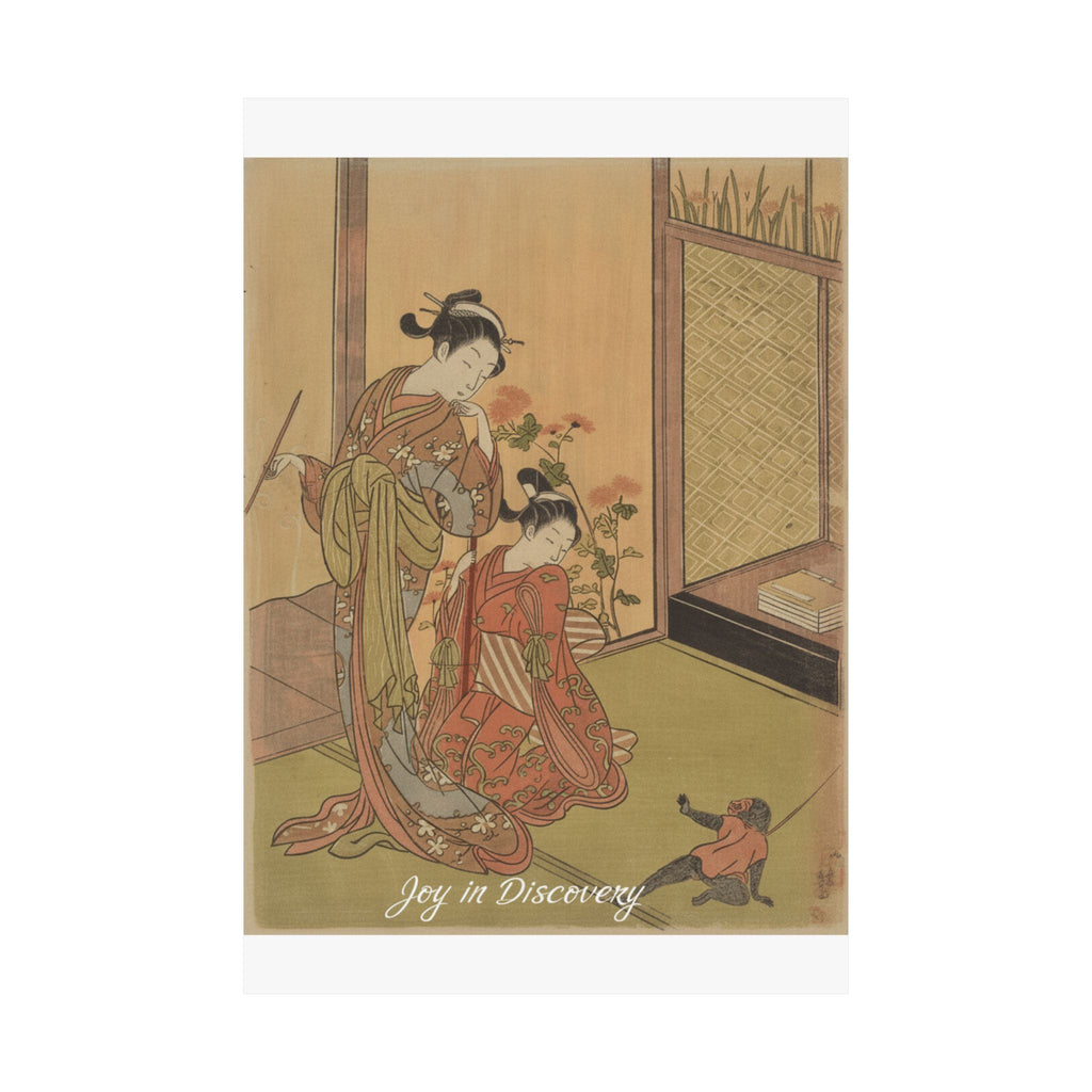 Affirmation — Two Girls Looking At A Monkey On A Leash — Matte Poster