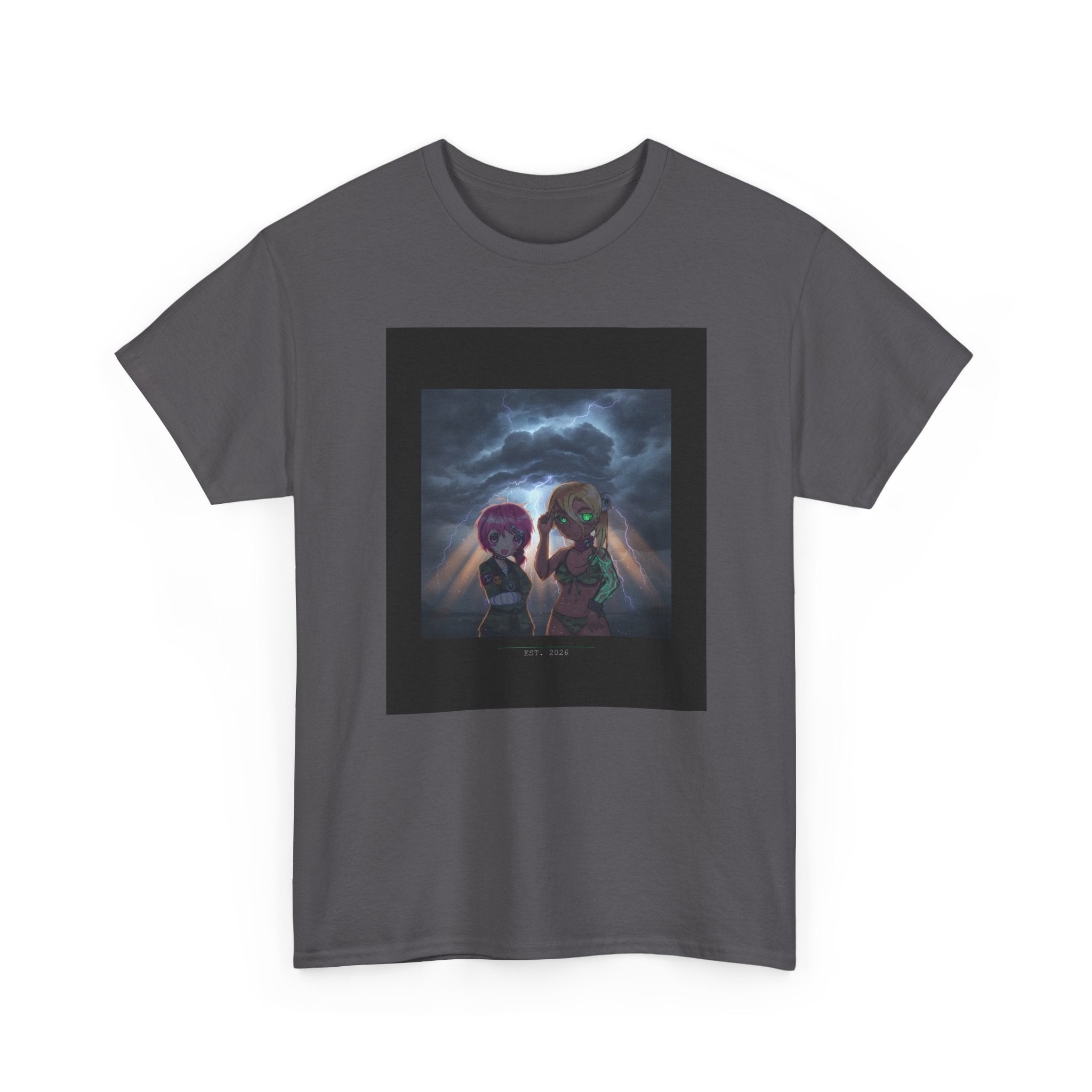 Anime Girls Under Lightning Storm Sky Graphic Tee