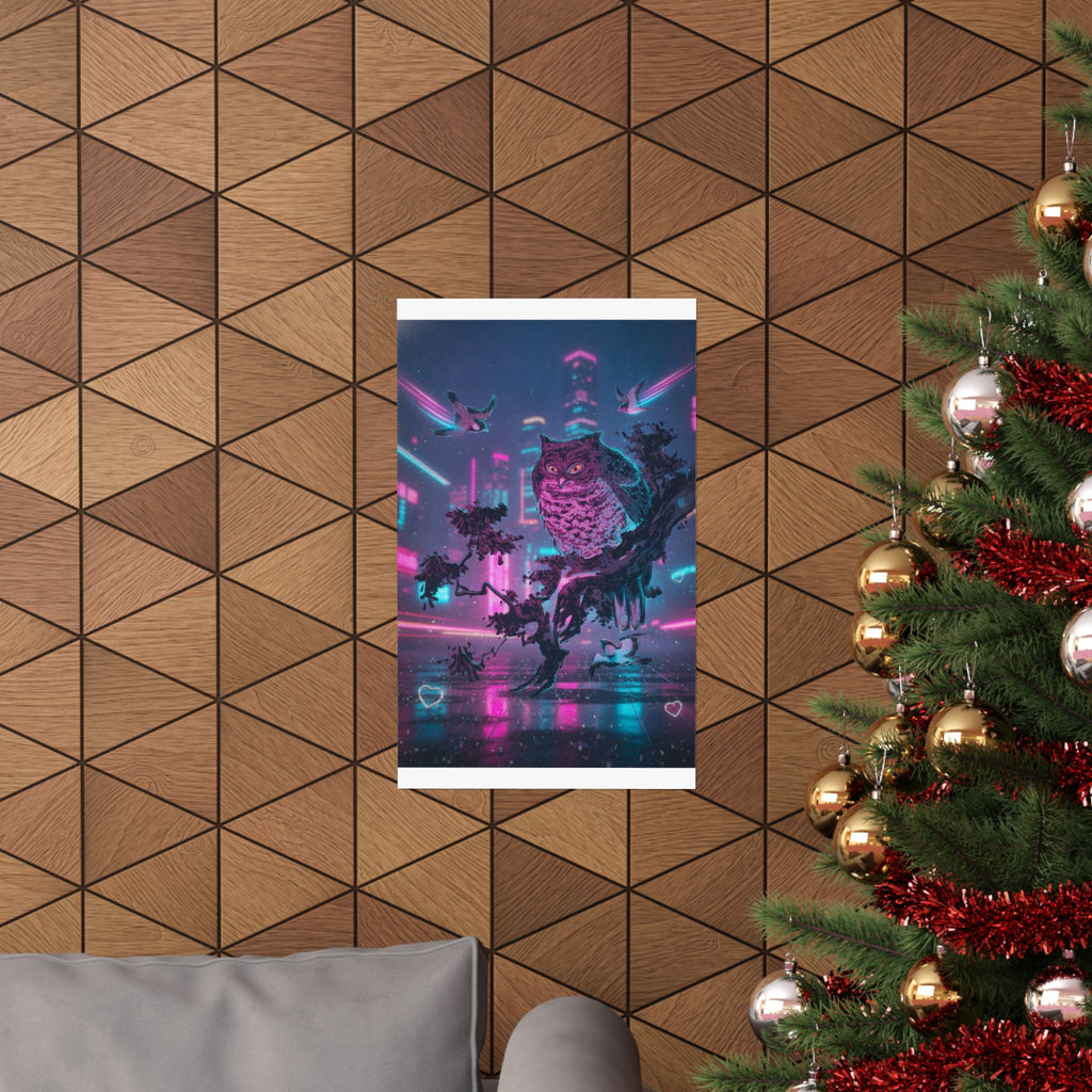 Neon Noir — Owl And Two Swallows — Matte Poster