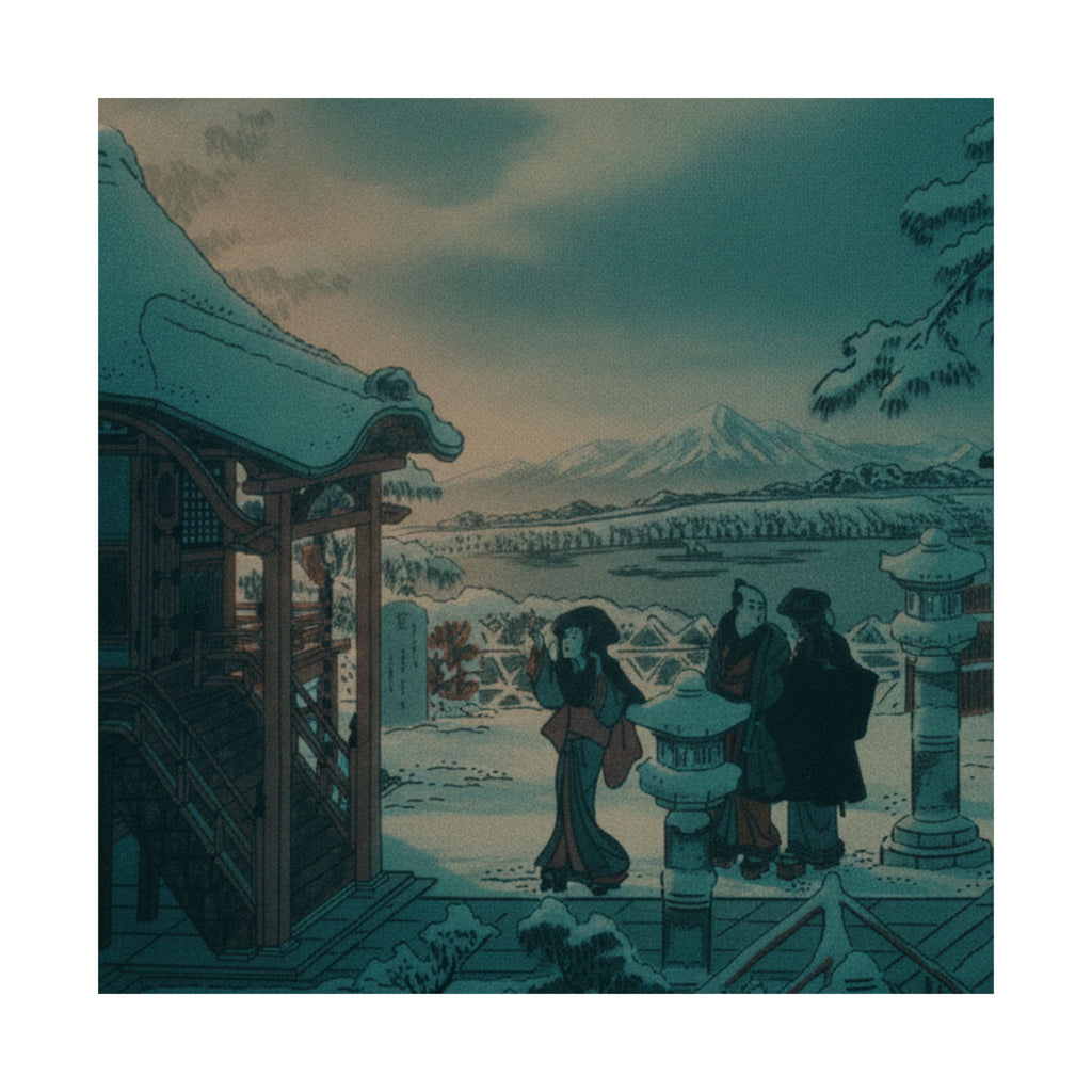 Cinematic — Snow Scene With Figures Outside A Temple — Matte Poster