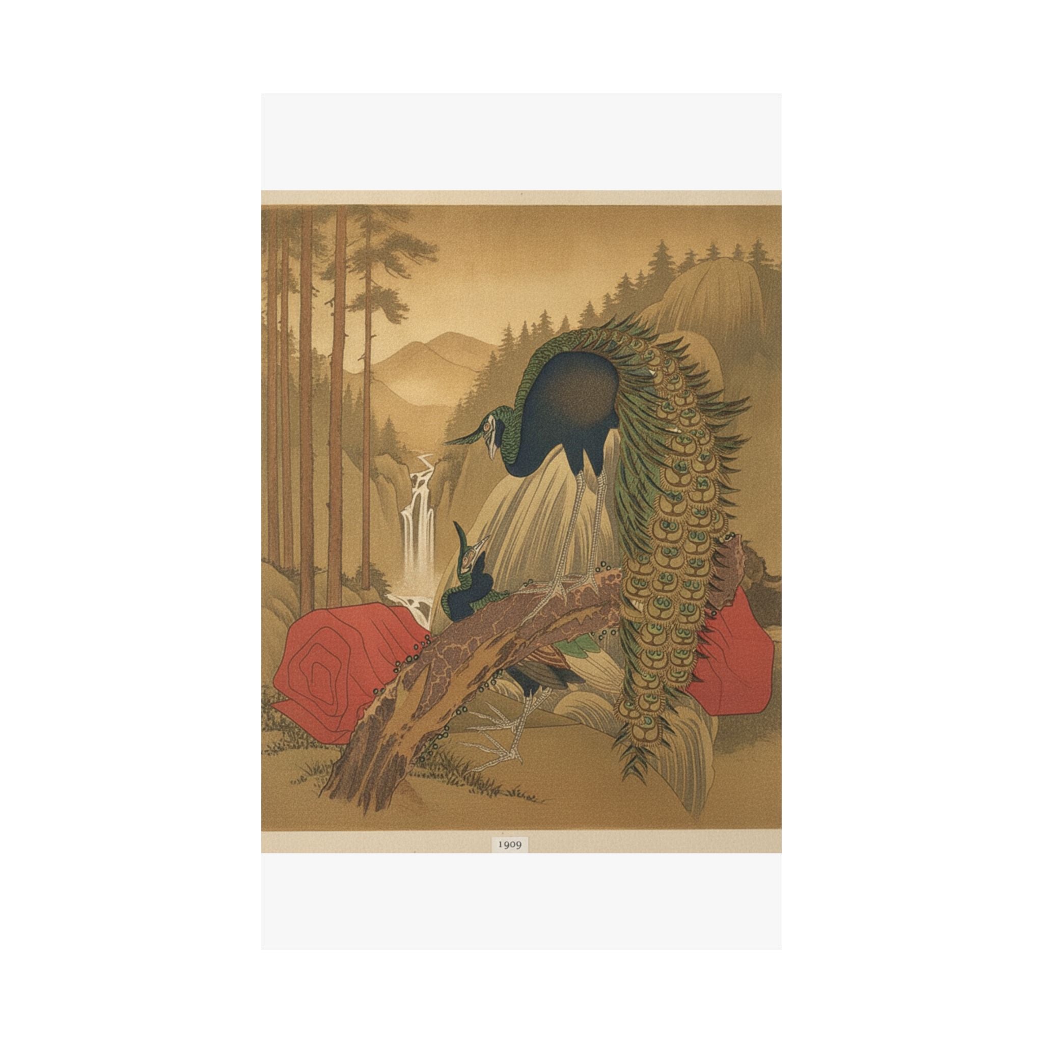 Scenic Nature — Painting Of Peacocks, Pines, A Waterfall, And A Roll Of Red Fabric — Matte Poster