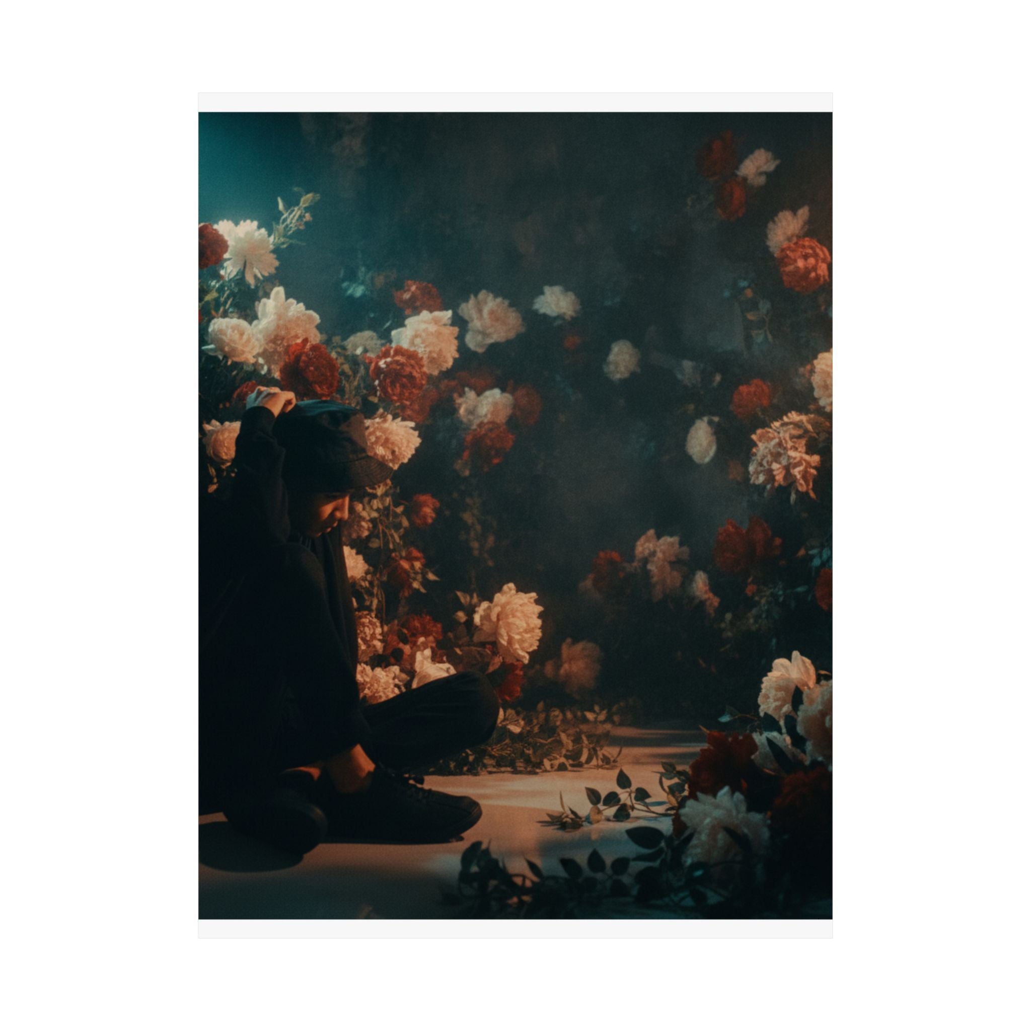 Kneeling Figure in Dark Rose Garden Moody Poster