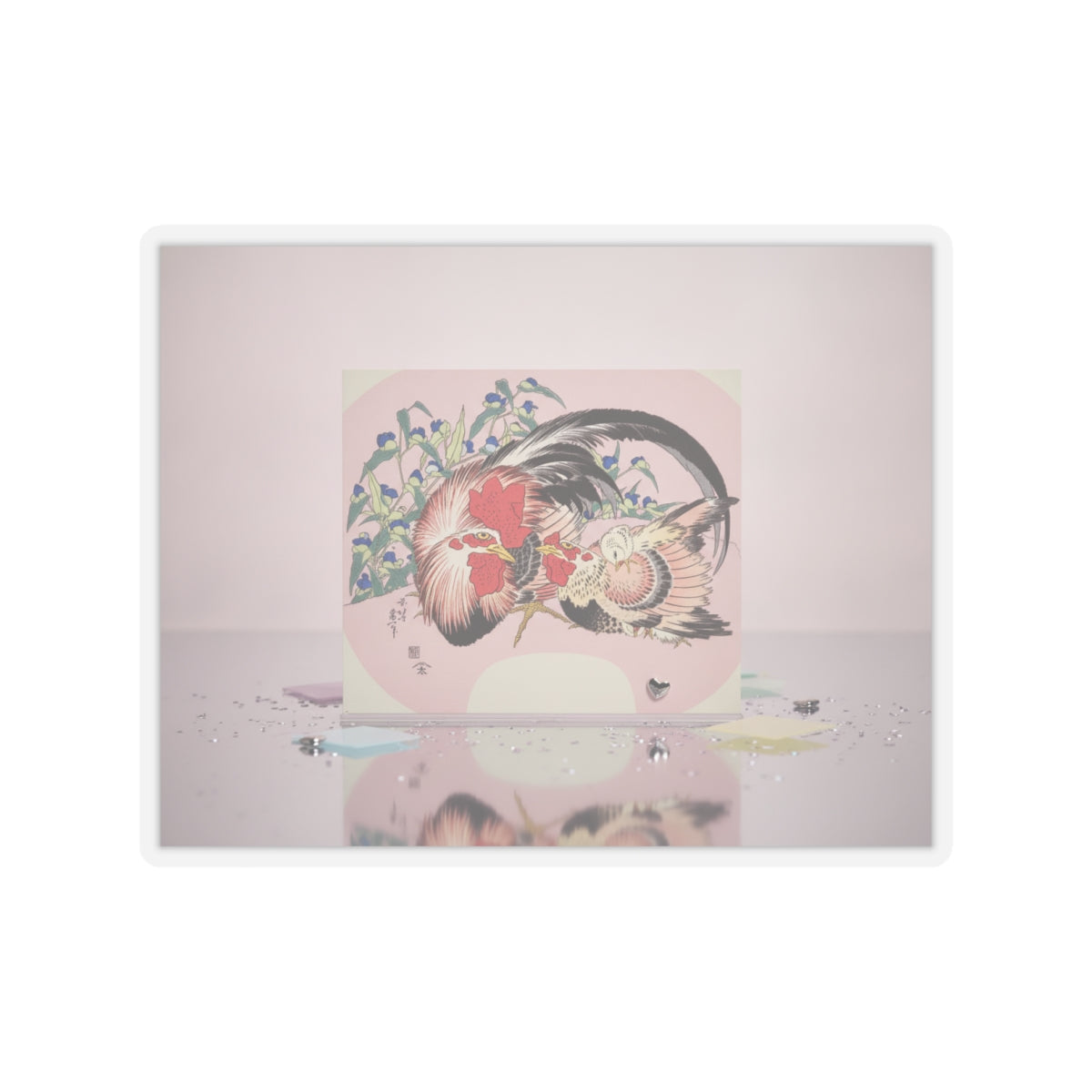 Product Marketing — Rooster, Hen And Chicken With Spiderwort — Kiss-Cut Sticker