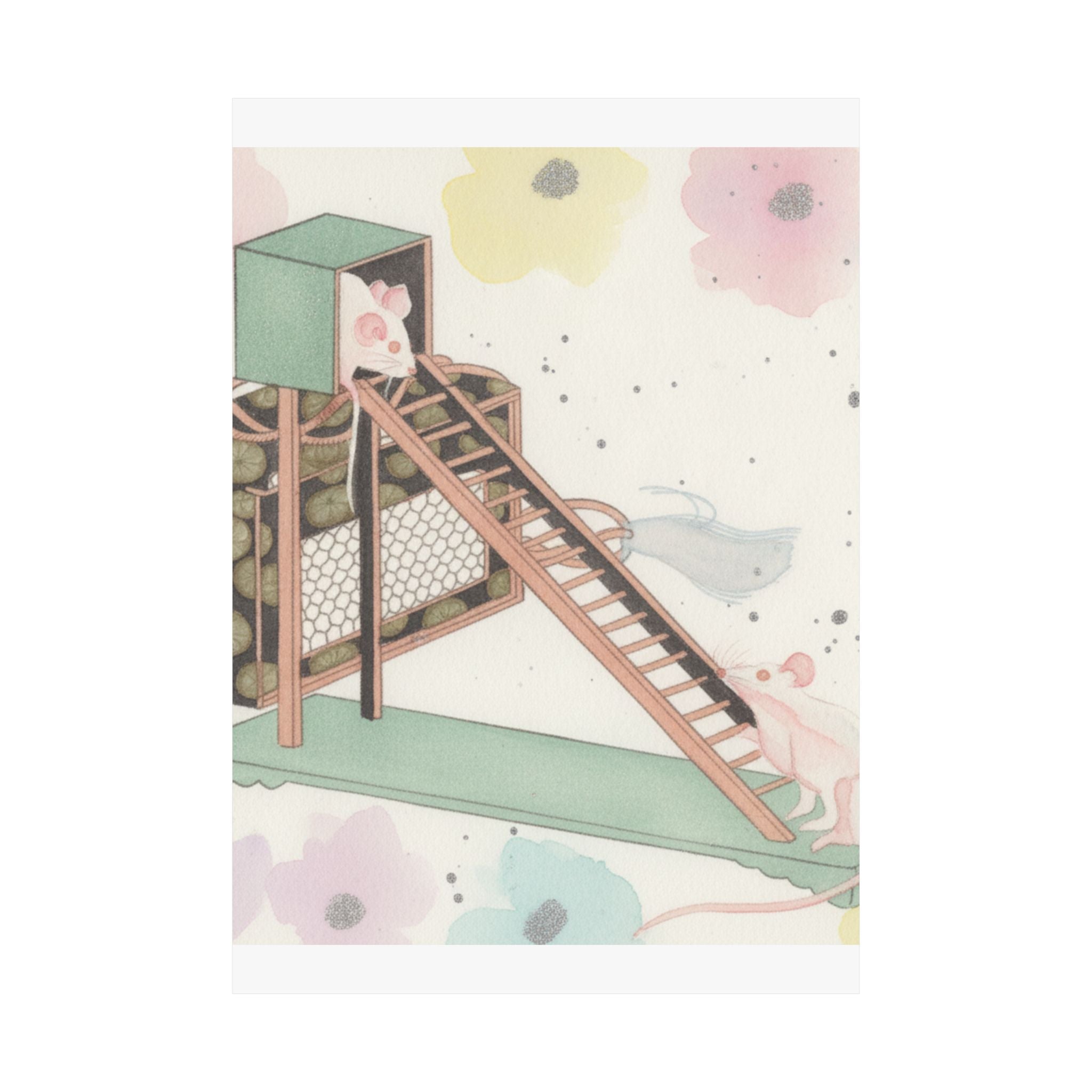 Watercolor — White Mice Playing — Matte Poster