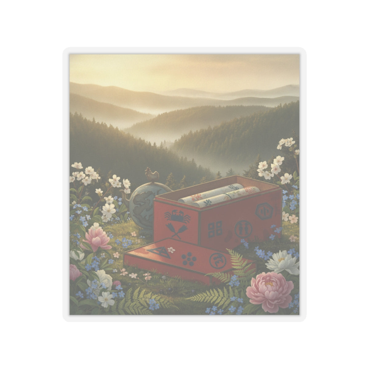 Scenic Nature — Red Lacquer Box And Water-Pot — Kiss-Cut Sticker